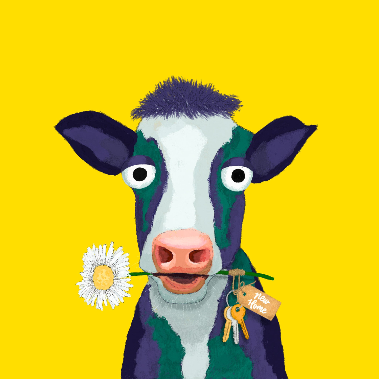 Badgerbee Design New Home Greeting Card Collection cover illustration of a colourful cow with a set of keys in its mouth