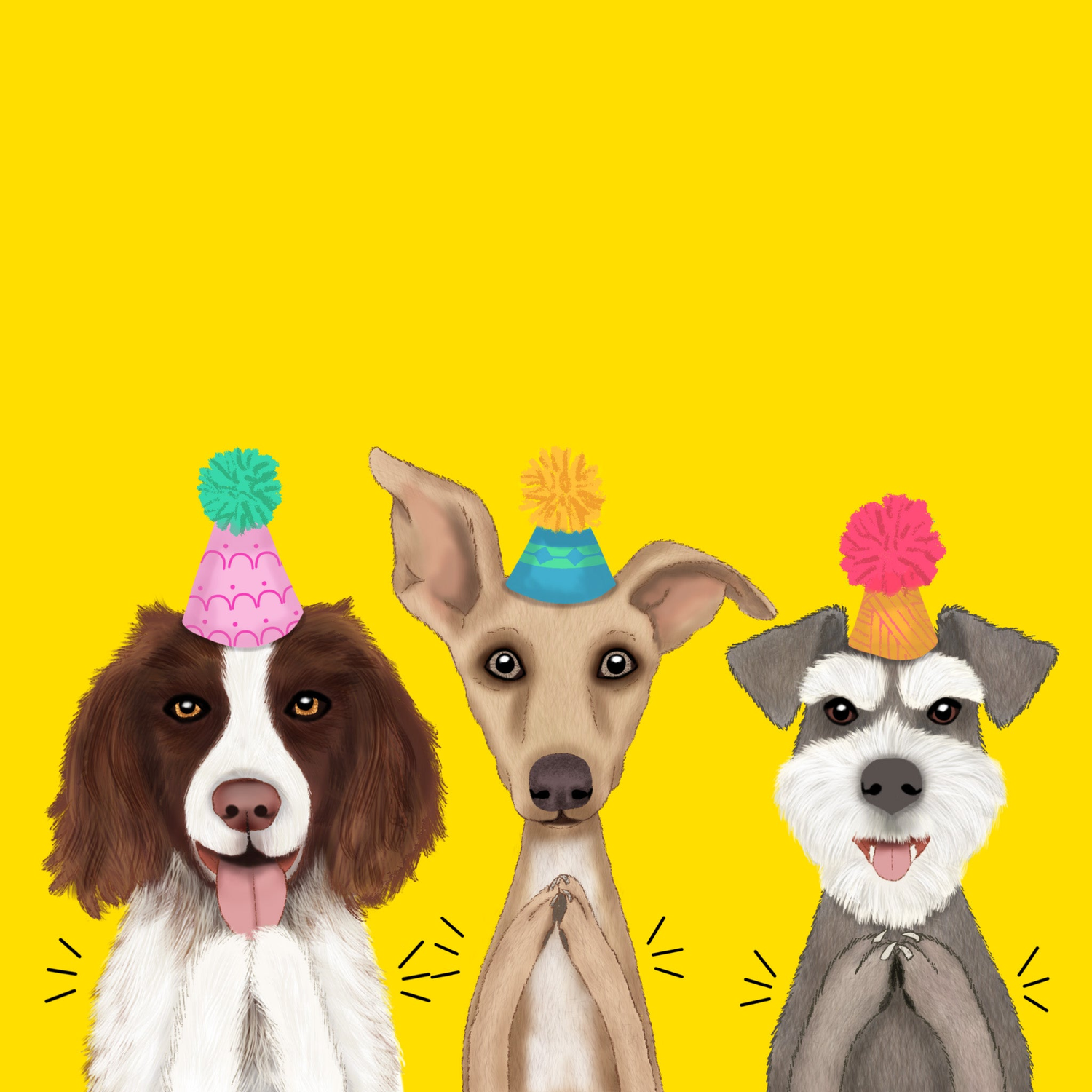 Badgerbee Design Well Done Greeting Card Collection cover illustration of three dogs in party hats clapping