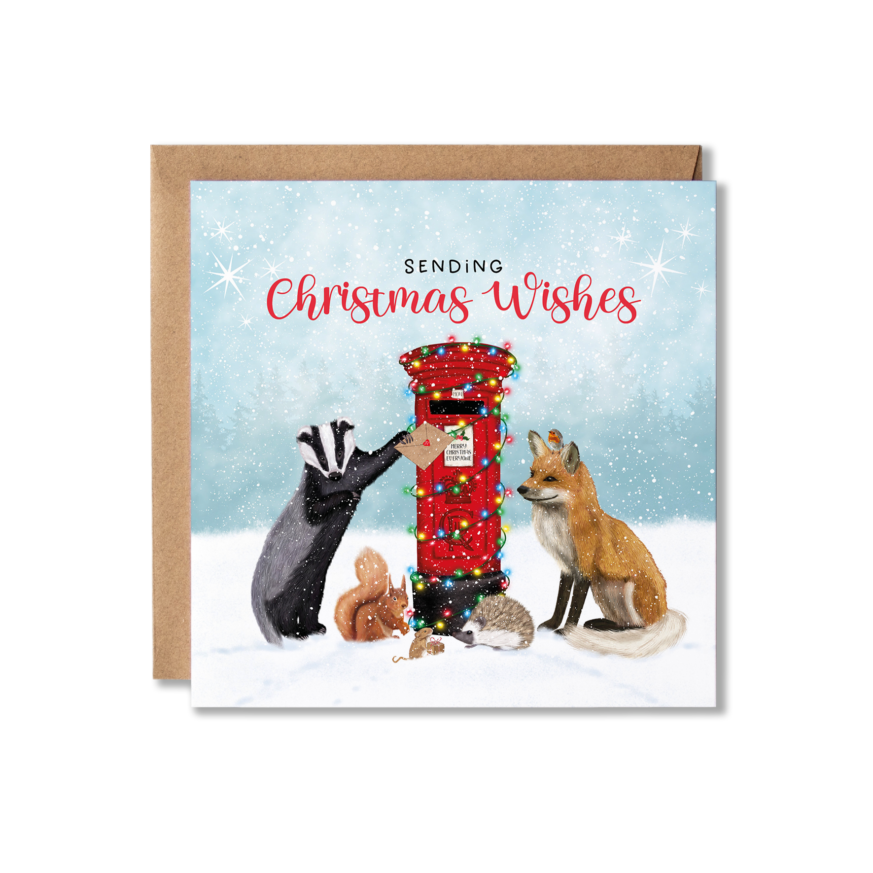 British woodland animals Christmas card featuring a Badger, Fox, Squirrel, Mouse, Hedgehog and a Robin posting a Christmas card at a red post box decorated in Christmas lights.