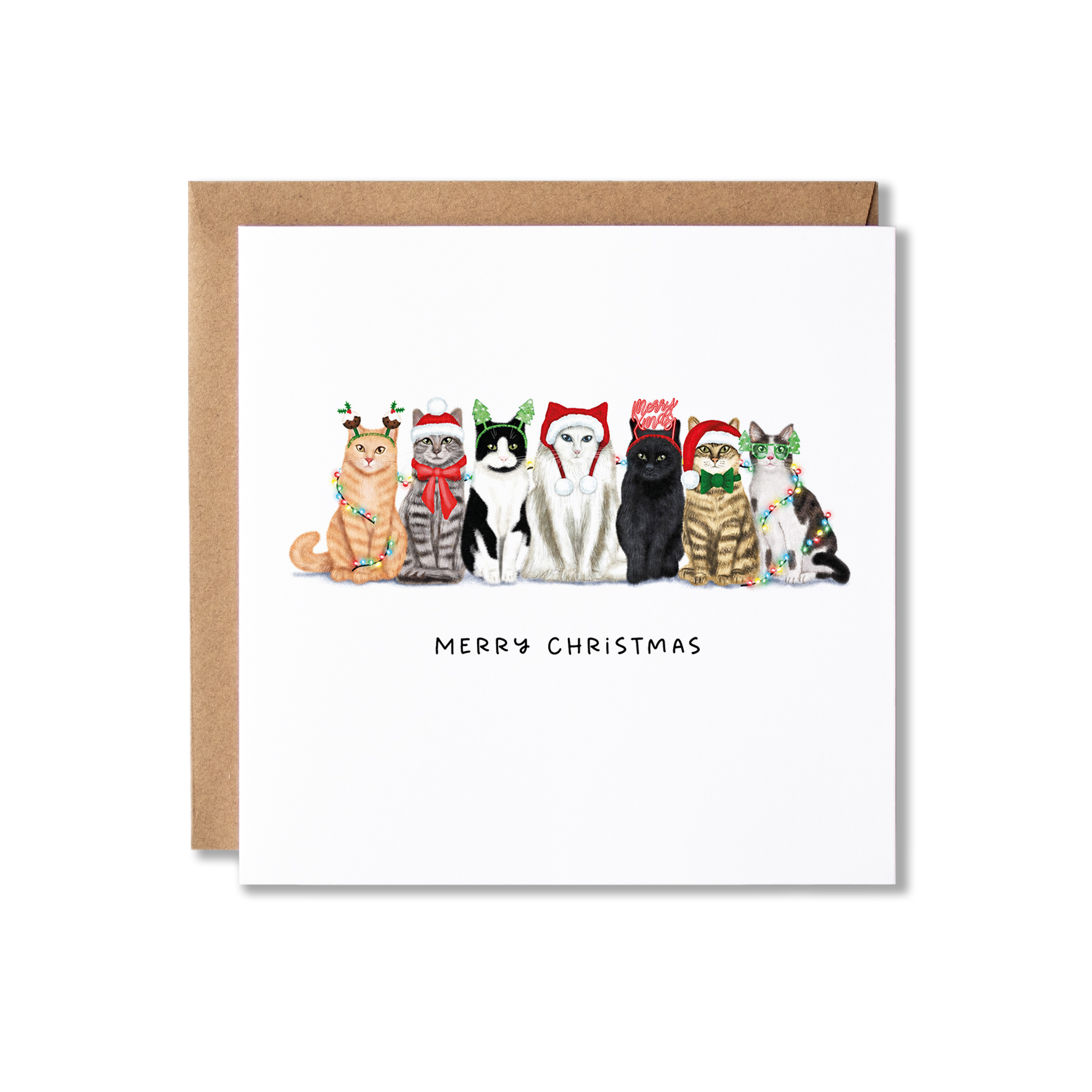 Christmas card with illustration of a group of cats sat in a row, wearing different Christmas hats and wrapped in Christmas lights with the message Merry Christmas underneath.