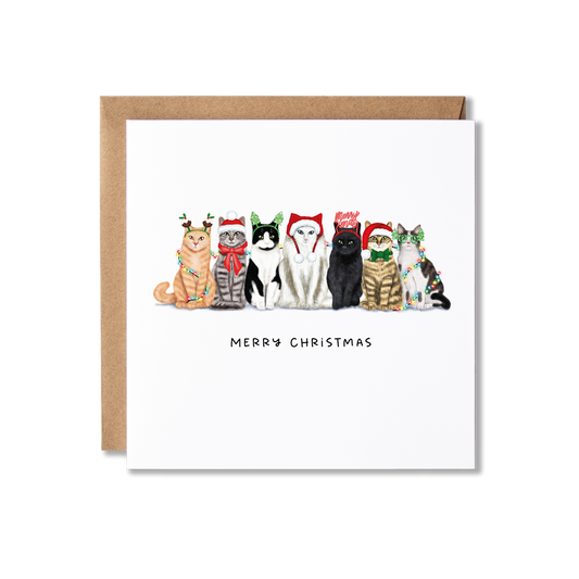 Christmas card with illustration of a group of cats sat in a row, wearing different Christmas hats and wrapped in Christmas lights with the message Merry Christmas underneath.