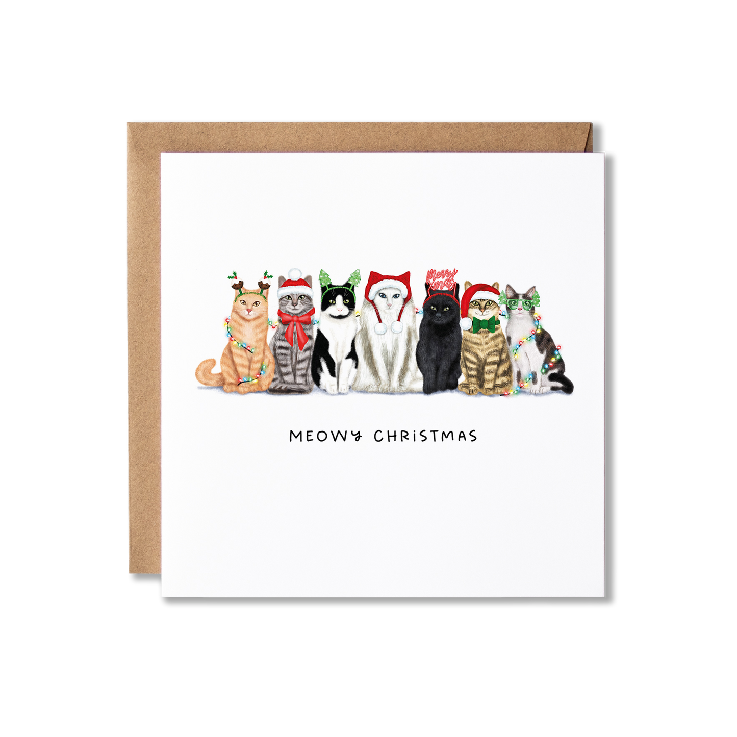 Christmas card with illustration of a group of cats sat in a row, wearing different Christmas hats and wrapped in Christmas lights with the message Meowy Christmas underneath.