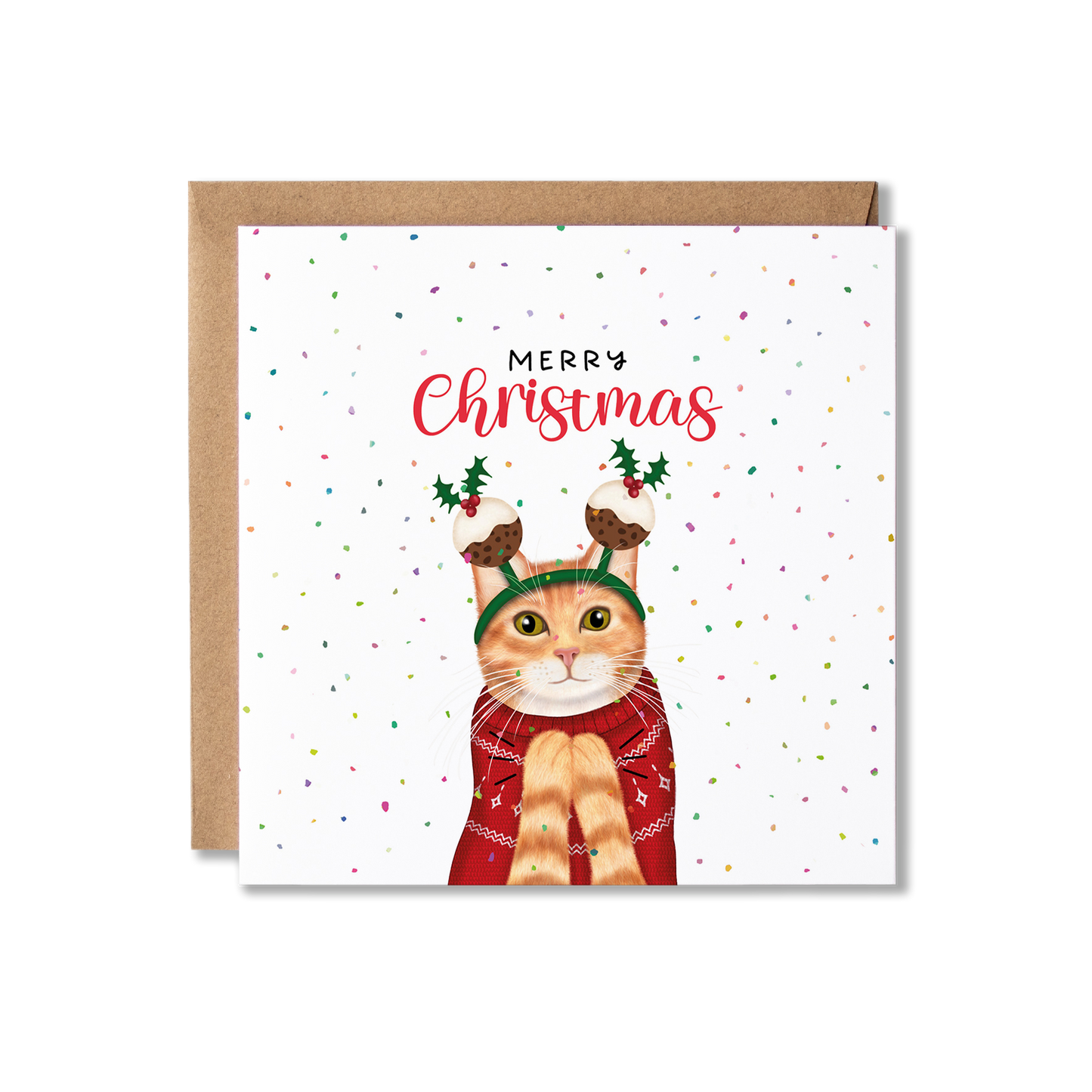 Ginger tabby cat in a Christmas jumping clapping, with Christmas pudding headband, surrounded by confetti and Merry Christmas above.