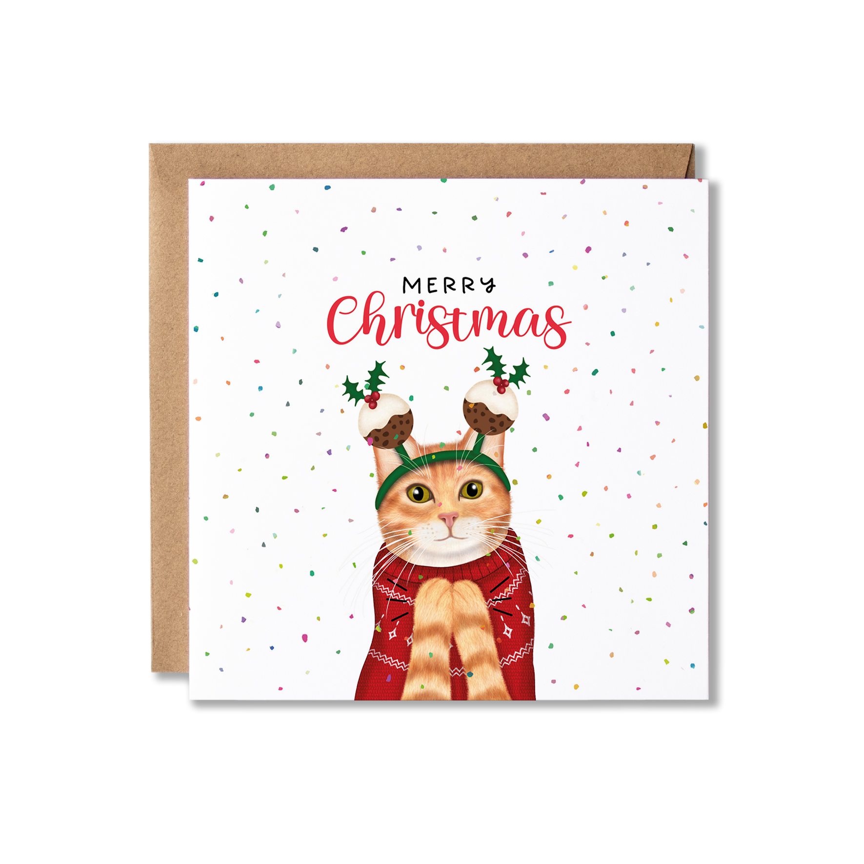 Ginger tabby cat in a Christmas jumping clapping, with Christmas pudding headband, surrounded by confetti and Merry Christmas above.