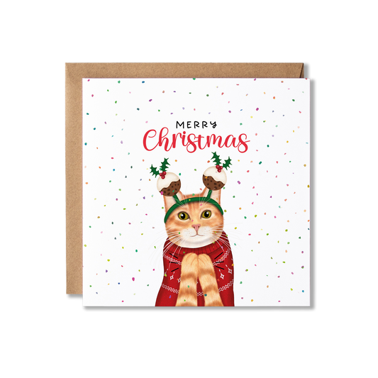 Ginger tabby cat in a Christmas jumping clapping, with Christmas pudding headband, surrounded by confetti and Merry Christmas above.