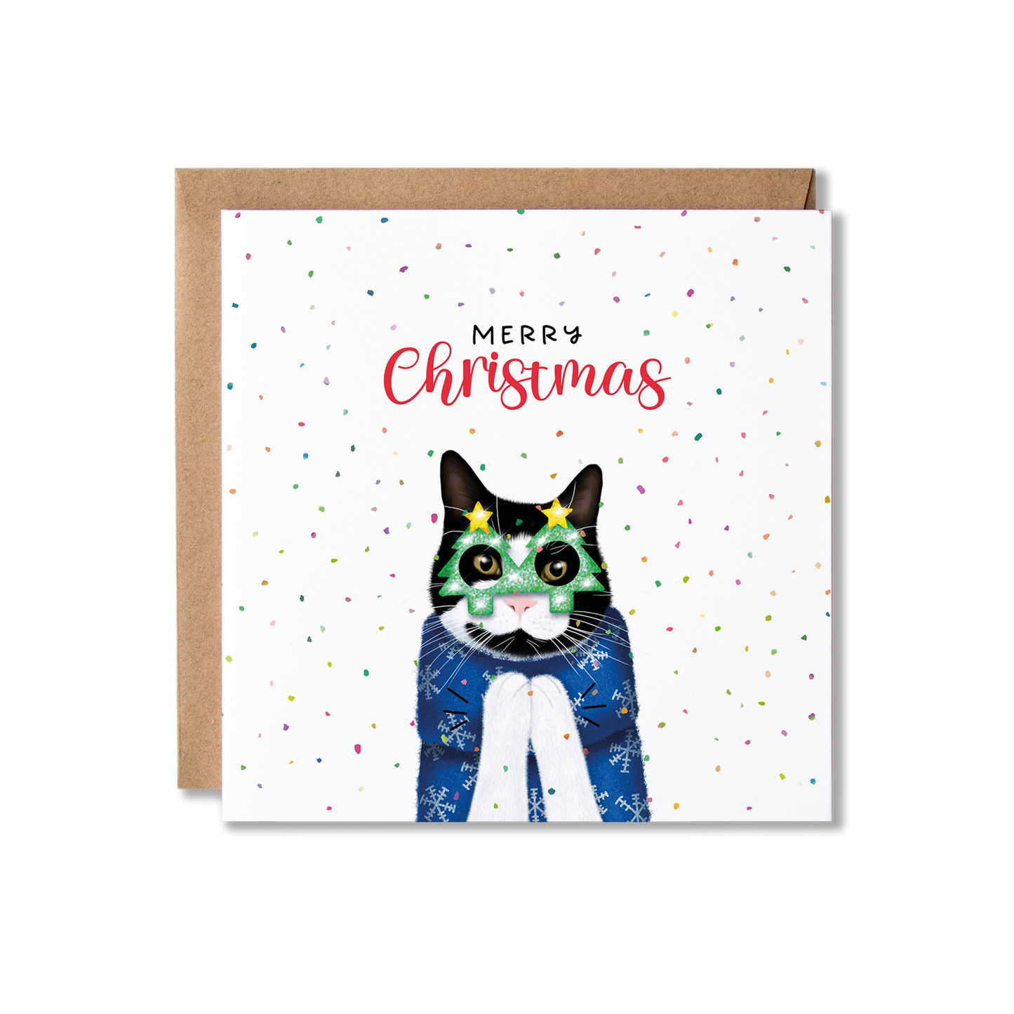 Black and white cat in a Christmas jumping clapping, with Christmas tree shape glasses on, surrounded by confetti and Merry Christmas above.