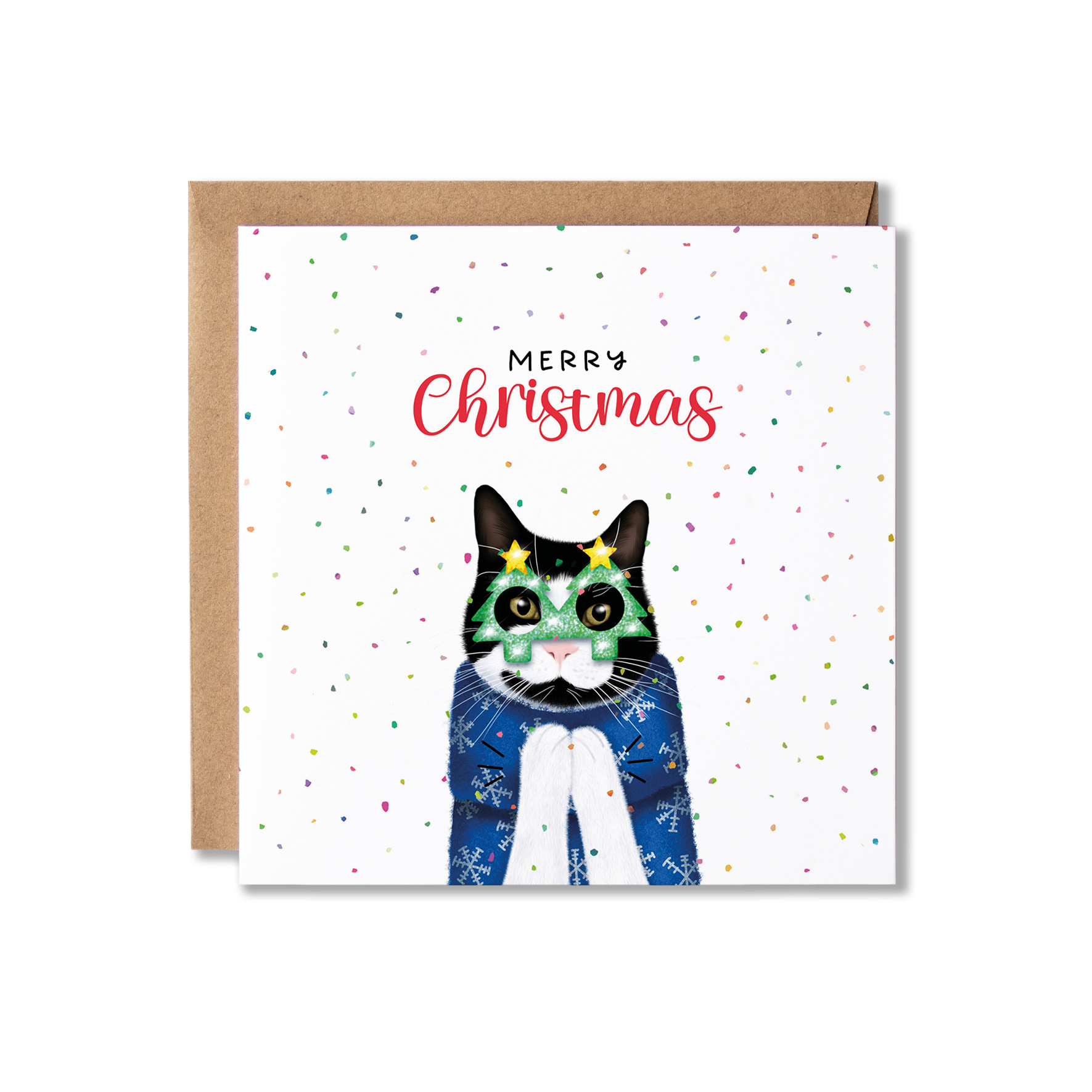 Black and white cat in a Christmas jumping clapping, with Christmas tree shape glasses on, surrounded by confetti and Merry Christmas above.