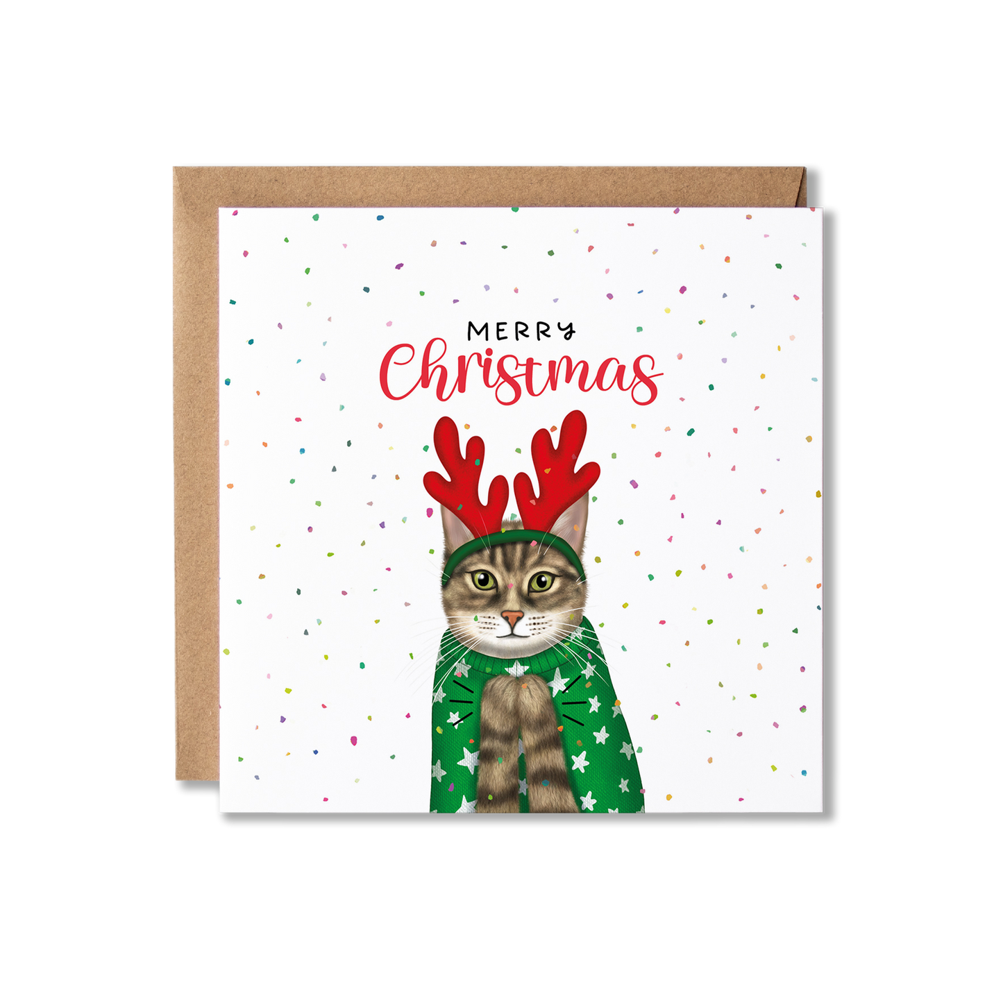 Tabby cat in a Christmas jumping clapping, with red antlers on its head, surrounded by confetti and Merry Christmas above.