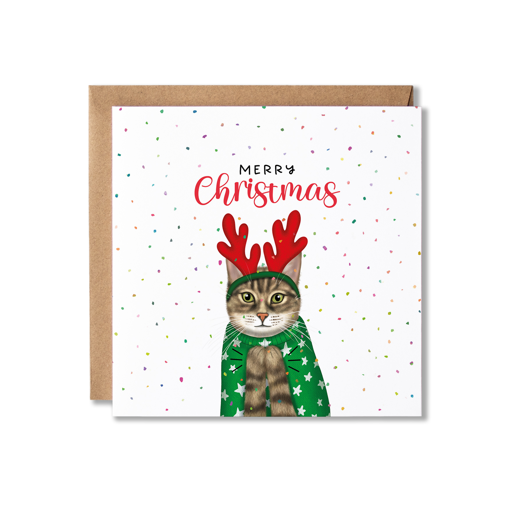 Tabby cat in a Christmas jumping clapping, with red antlers on its head, surrounded by confetti and Merry Christmas above.