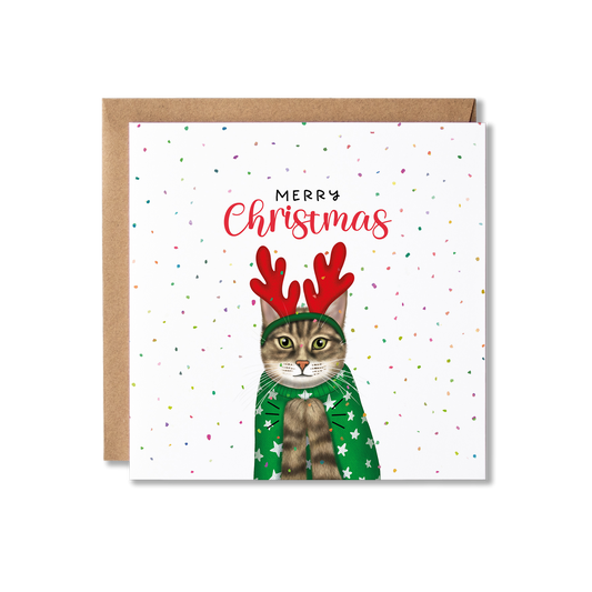 Tabby cat in a Christmas jumping clapping, with red antlers on its head, surrounded by confetti and Merry Christmas above.