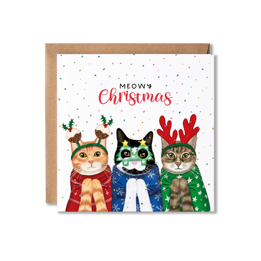 Cat Trio In Christmas Jumpers Meowy Christmas Card