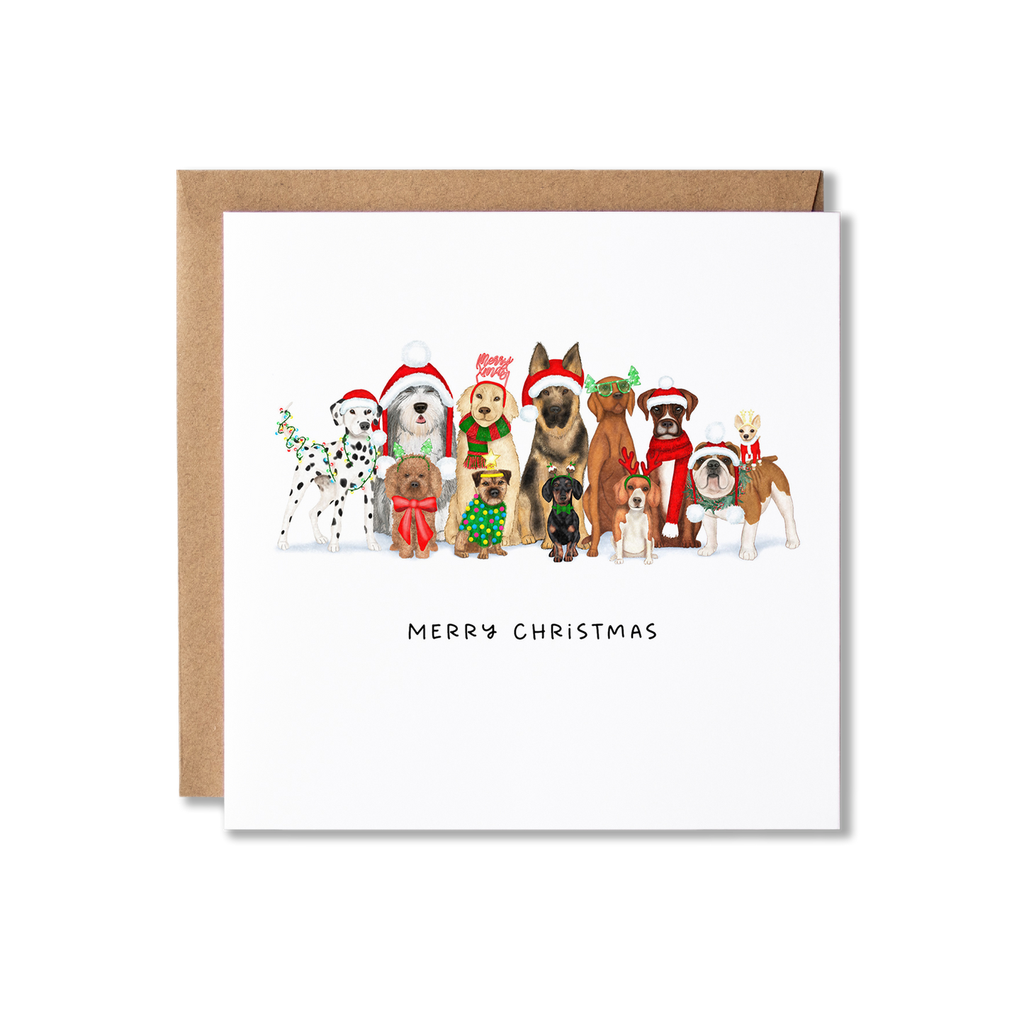 Christmas card with illustration of a group of dogs sat in a row with Christmas hats and Christmas lights wrapped around them, with the message Merry Christmas.