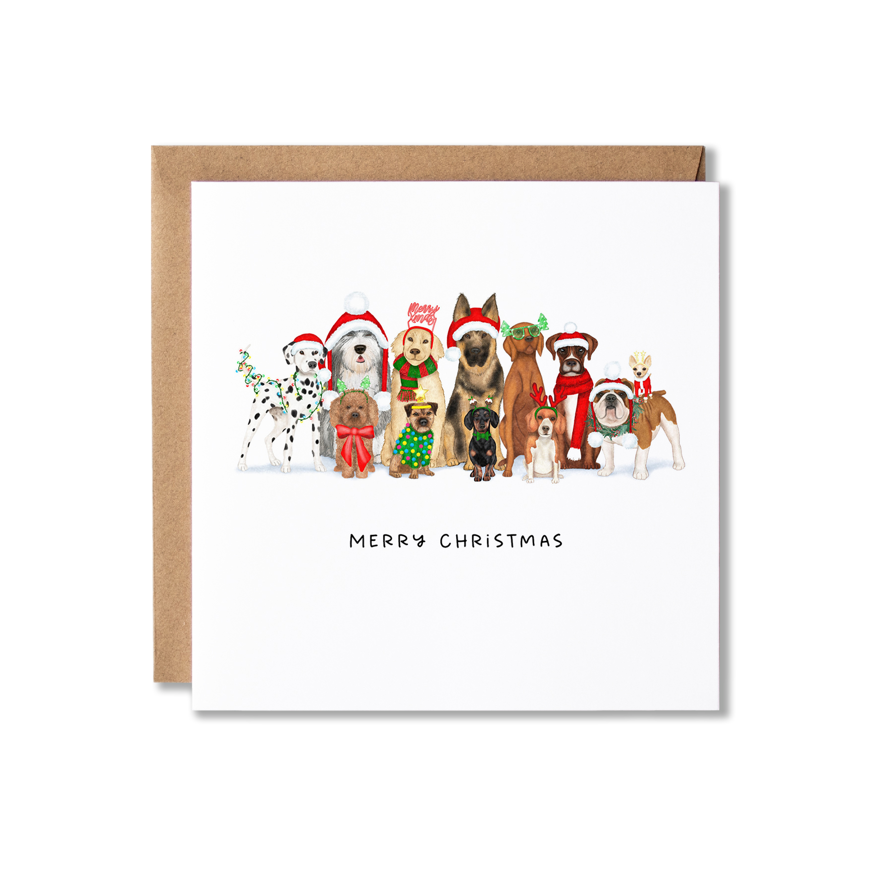 Christmas card with illustration of a group of dogs sat in a row with Christmas hats and Christmas lights wrapped around them, with the message Merry Christmas.