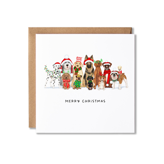 Christmas card with illustration of a group of dogs sat in a row with Christmas hats and Christmas lights wrapped around them, with the message Merry Christmas.