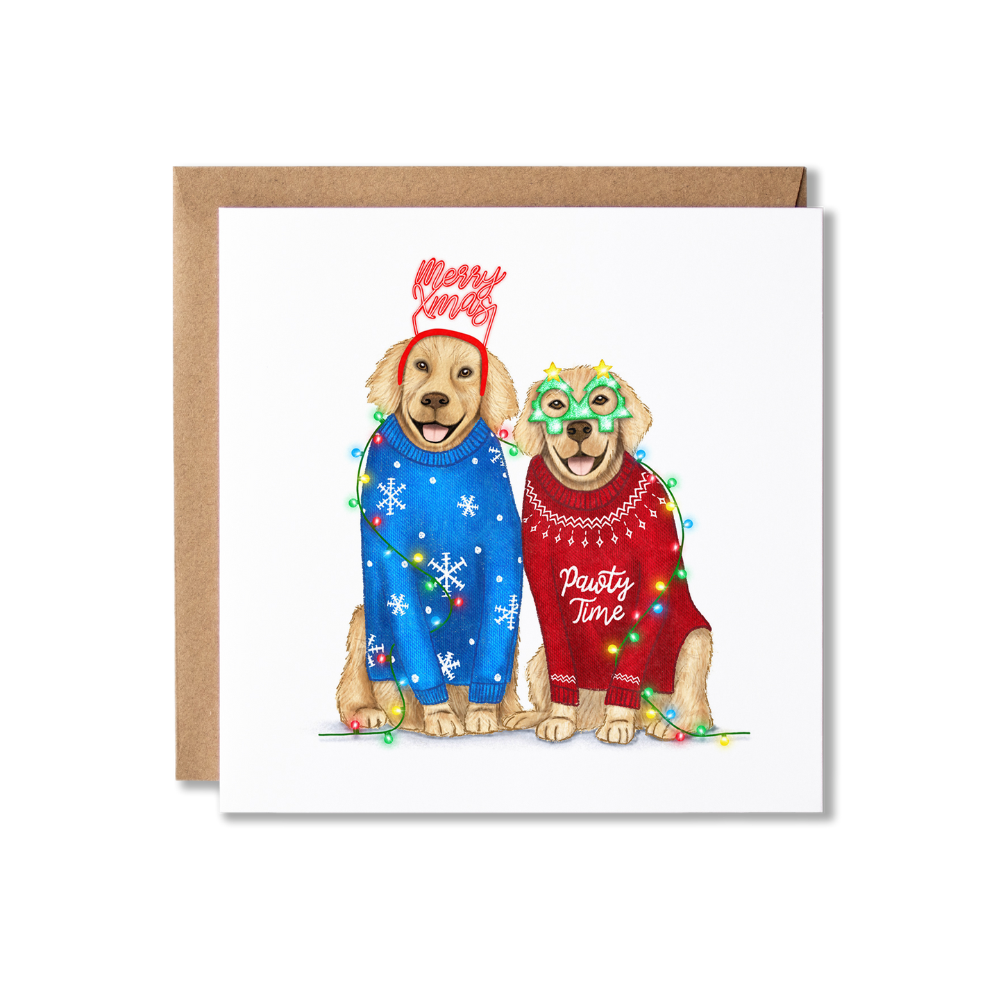 Christmas card with illustration of a couple of Golden Retrievers sat, one in a blue Christmas jumper and Merry Xmas headband the other in a Red Christmas jumper with green Christmas tree shape glasses, wrapped in Christmas Lights.