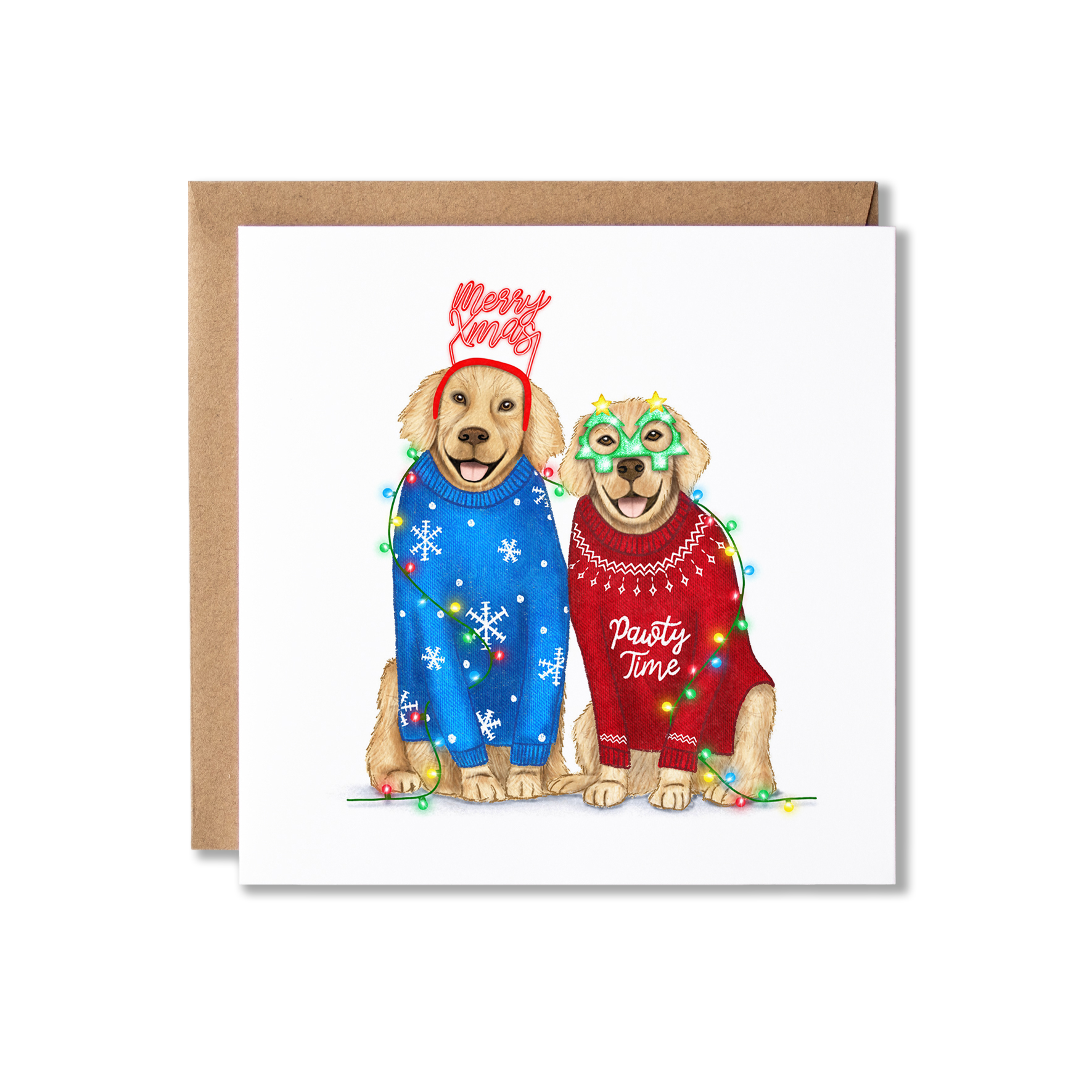 Christmas card with illustration of a couple of Golden Retrievers sat, one in a blue Christmas jumper and Merry Xmas headband the other in a Red Christmas jumper with green Christmas tree shape glasses, wrapped in Christmas Lights.