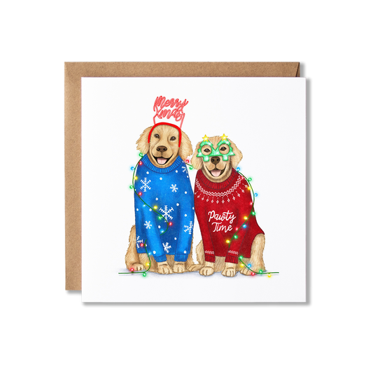 Christmas card with illustration of a couple of Golden Retrievers sat, one in a blue Christmas jumper and Merry Xmas headband the other in a Red Christmas jumper with green Christmas tree shape glasses, wrapped in Christmas Lights.