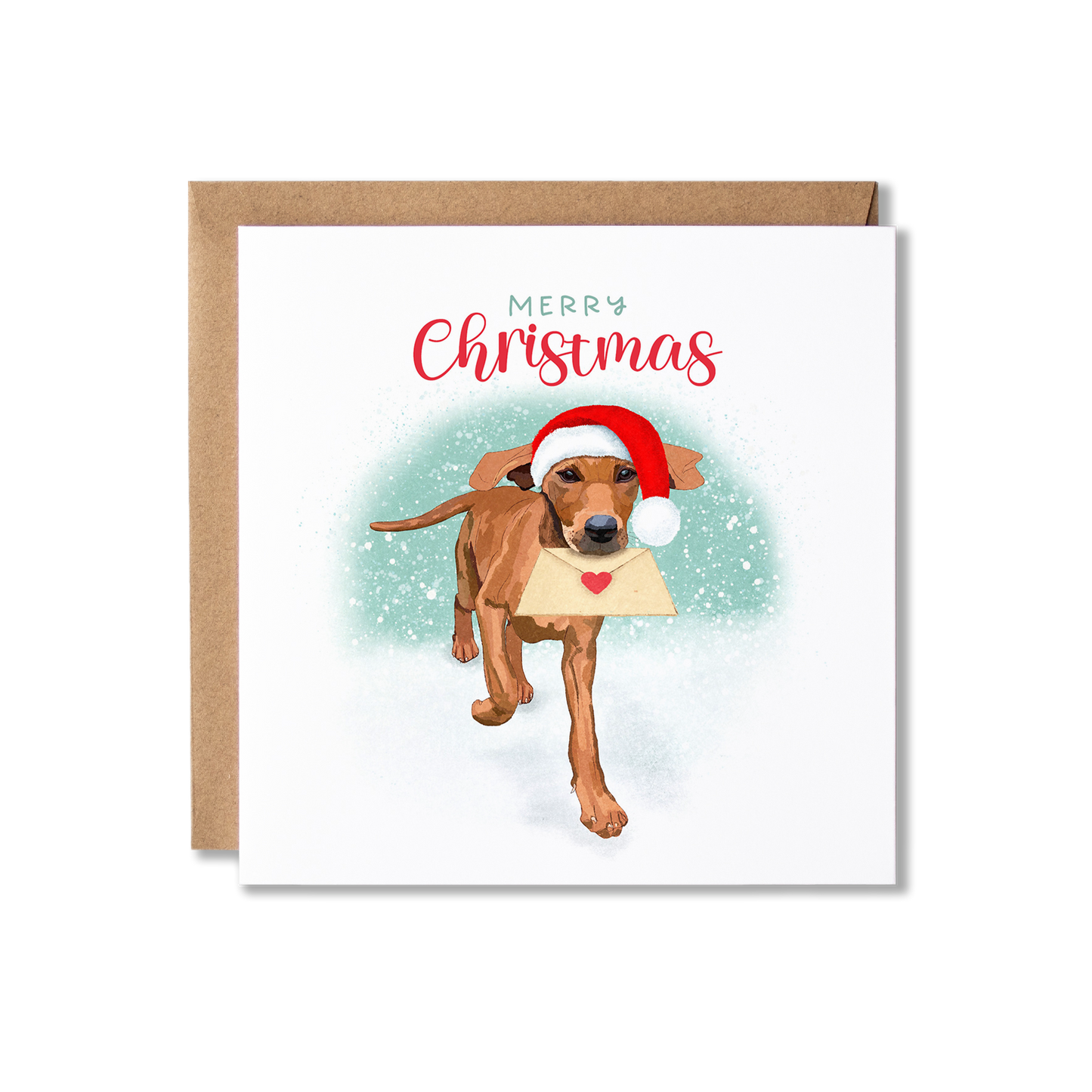 Christmas card with illustration of a Vizsla dog running, wearing a Santa hat and carring an envelope that has a heart seal on it with the message Merry Christmas.