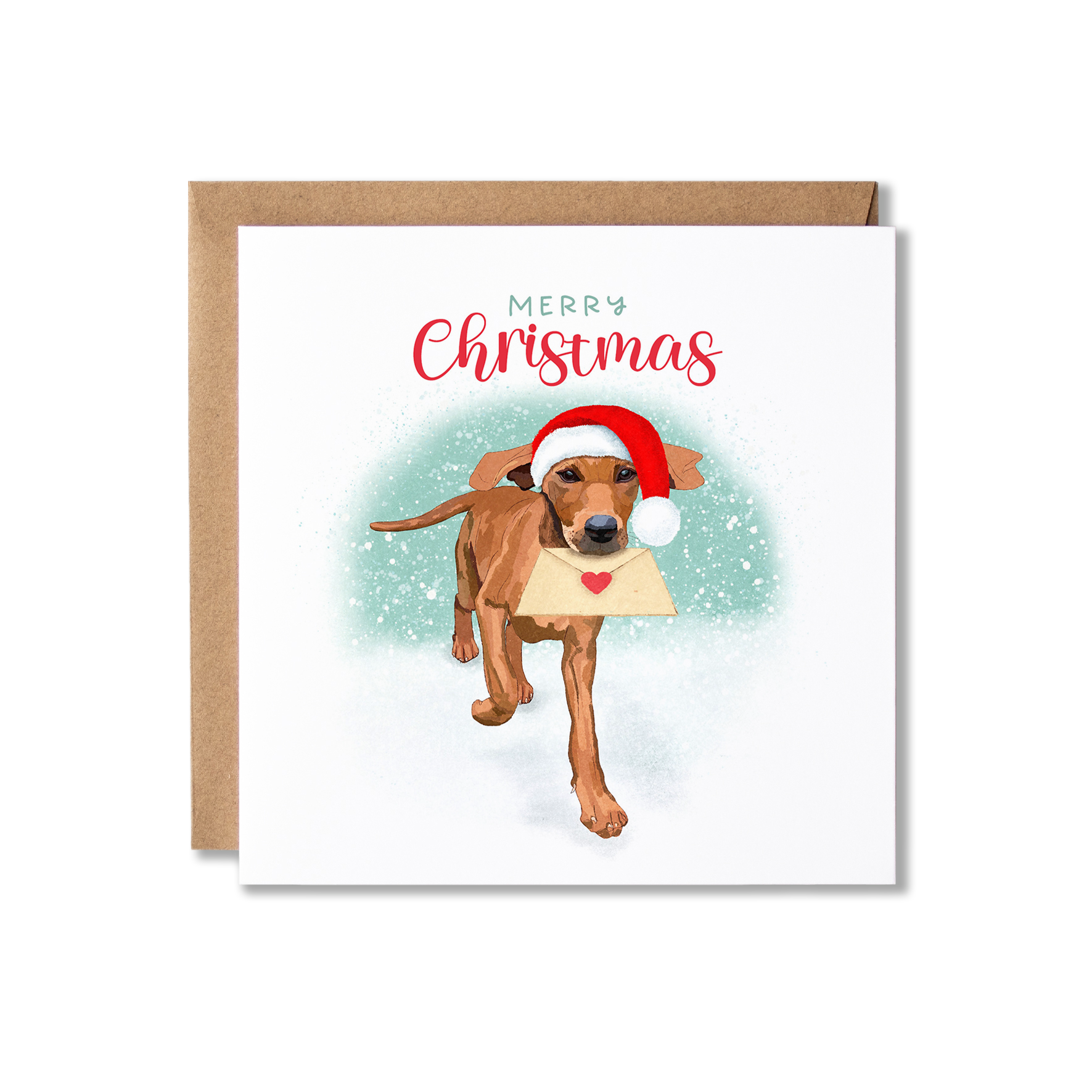 Christmas card with illustration of a Vizsla dog running, wearing a Santa hat and carring an envelope that has a heart seal on it with the message Merry Christmas.