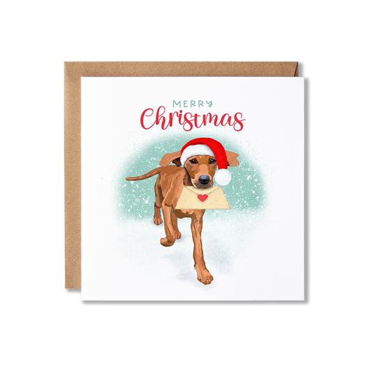 Christmas card with illustration of a Vizsla dog running, wearing a Santa hat and carring an envelope that has a heart seal on it with the message Merry Christmas.