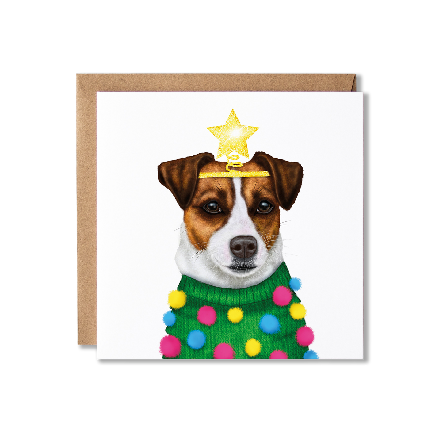 Illustration of a Jack Russell Terrier dog in a Christmas Jumper with a star headband Christmas card