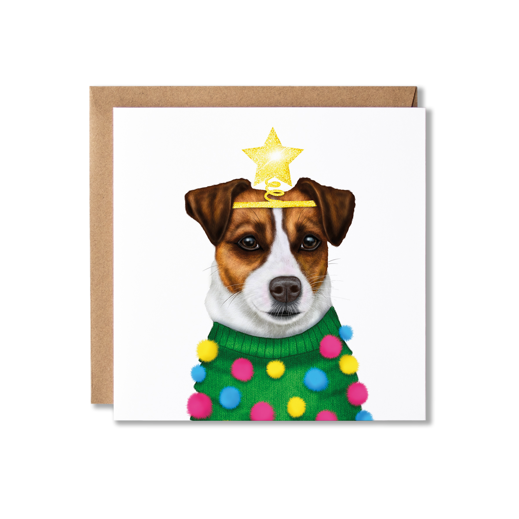 Illustration of a Jack Russell Terrier dog in a Christmas Jumper with a star headband Christmas card