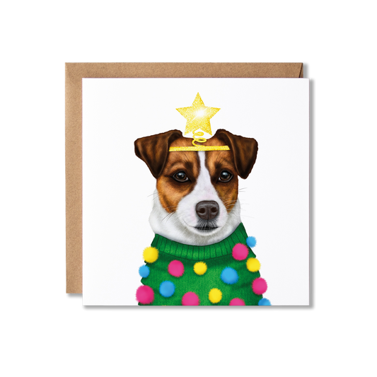 Illustration of a Jack Russell Terrier dog in a Christmas Jumper with a star headband Christmas card