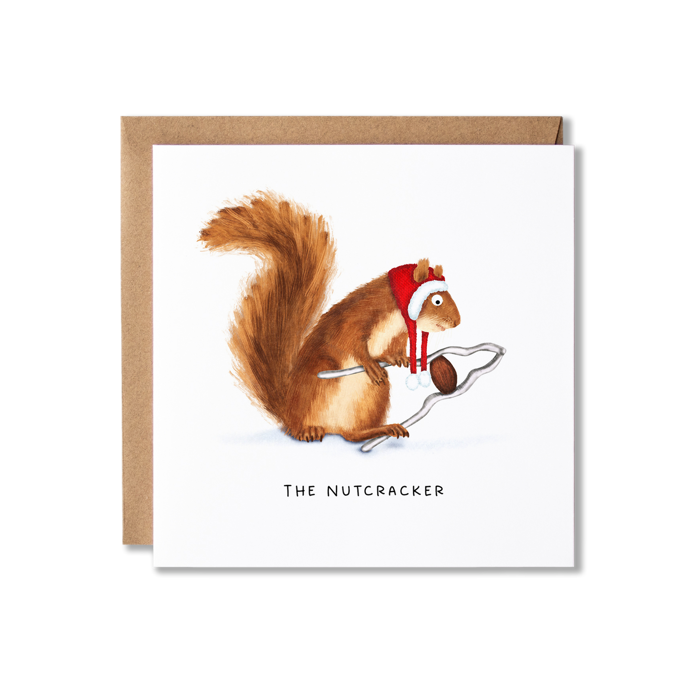 Christmas card with illustration of a red squirrel in a Santa hat holding a huge pair of nutcrackers with a nut in it, with the message The Nutcracker.