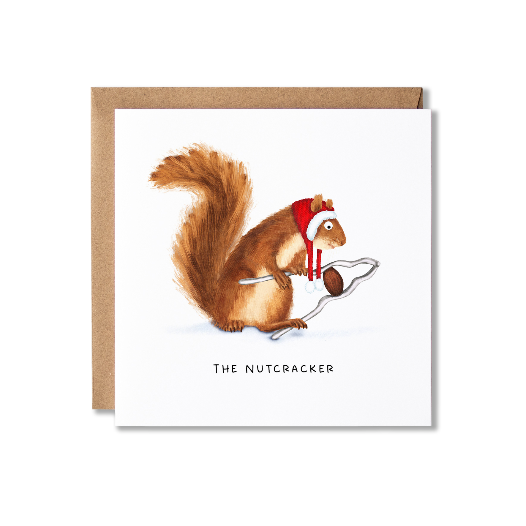 Christmas card with illustration of a red squirrel in a Santa hat holding a huge pair of nutcrackers with a nut in it, with the message The Nutcracker.