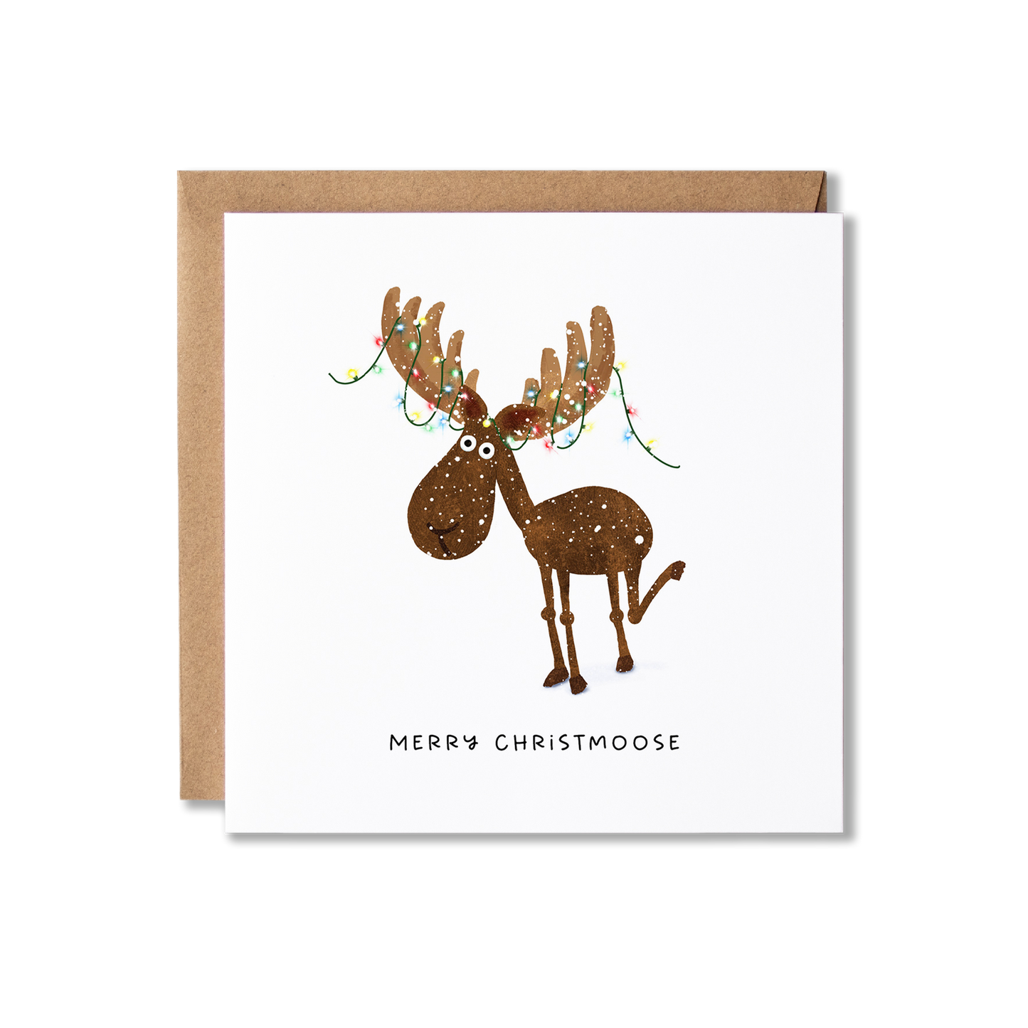 Christmas card with illustration of a moose with Christmas lights wrapped around it's antlers with the message Merry Christmoose.