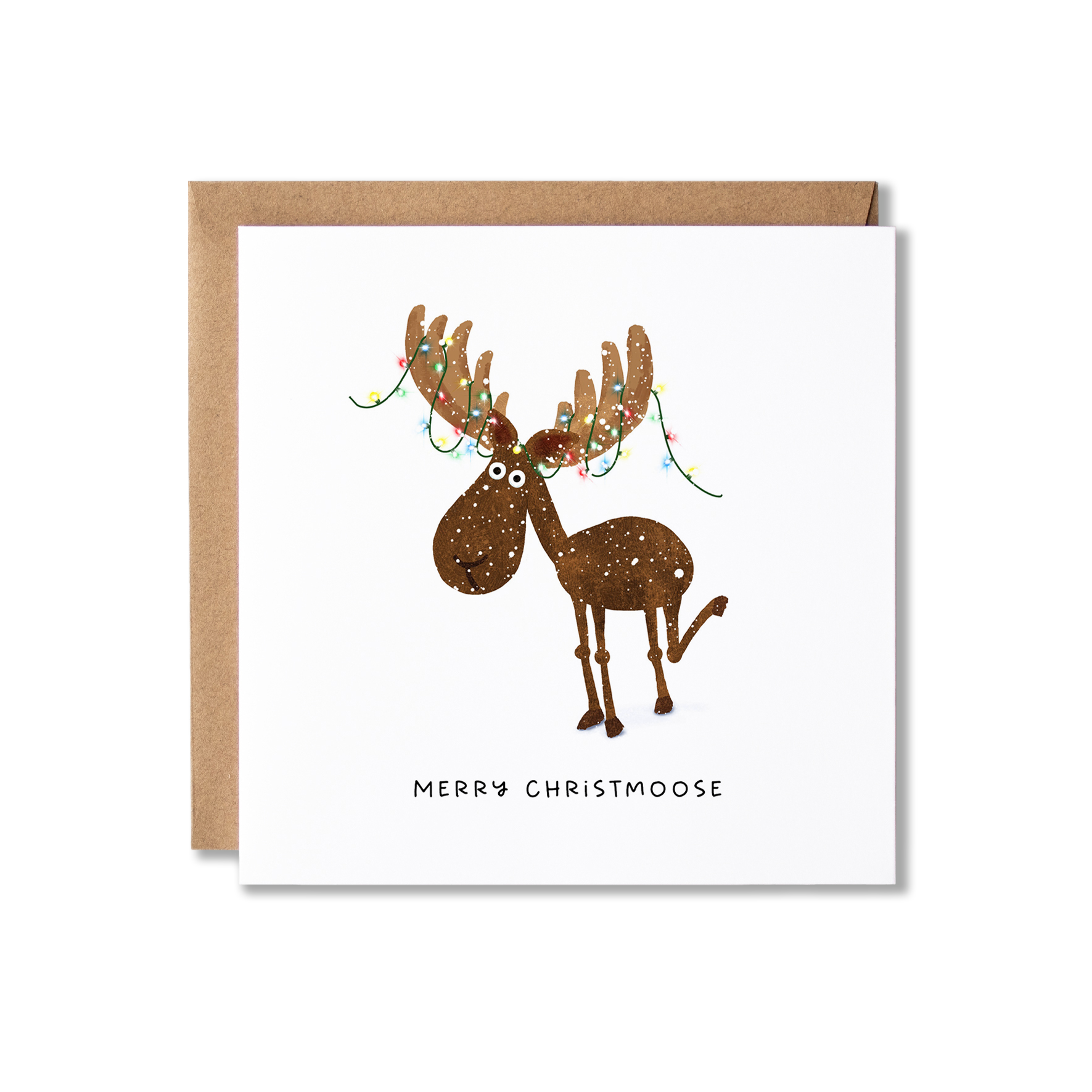 Christmas card with illustration of a moose with Christmas lights wrapped around it's antlers with the message Merry Christmoose.