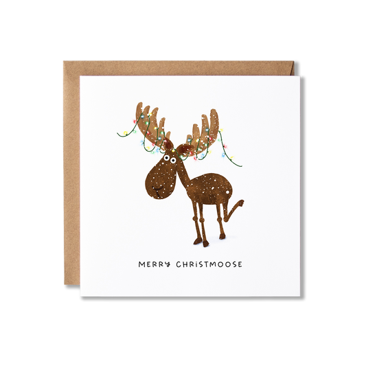 Christmas card with illustration of a moose with Christmas lights wrapped around it's antlers with the message Merry Christmoose.