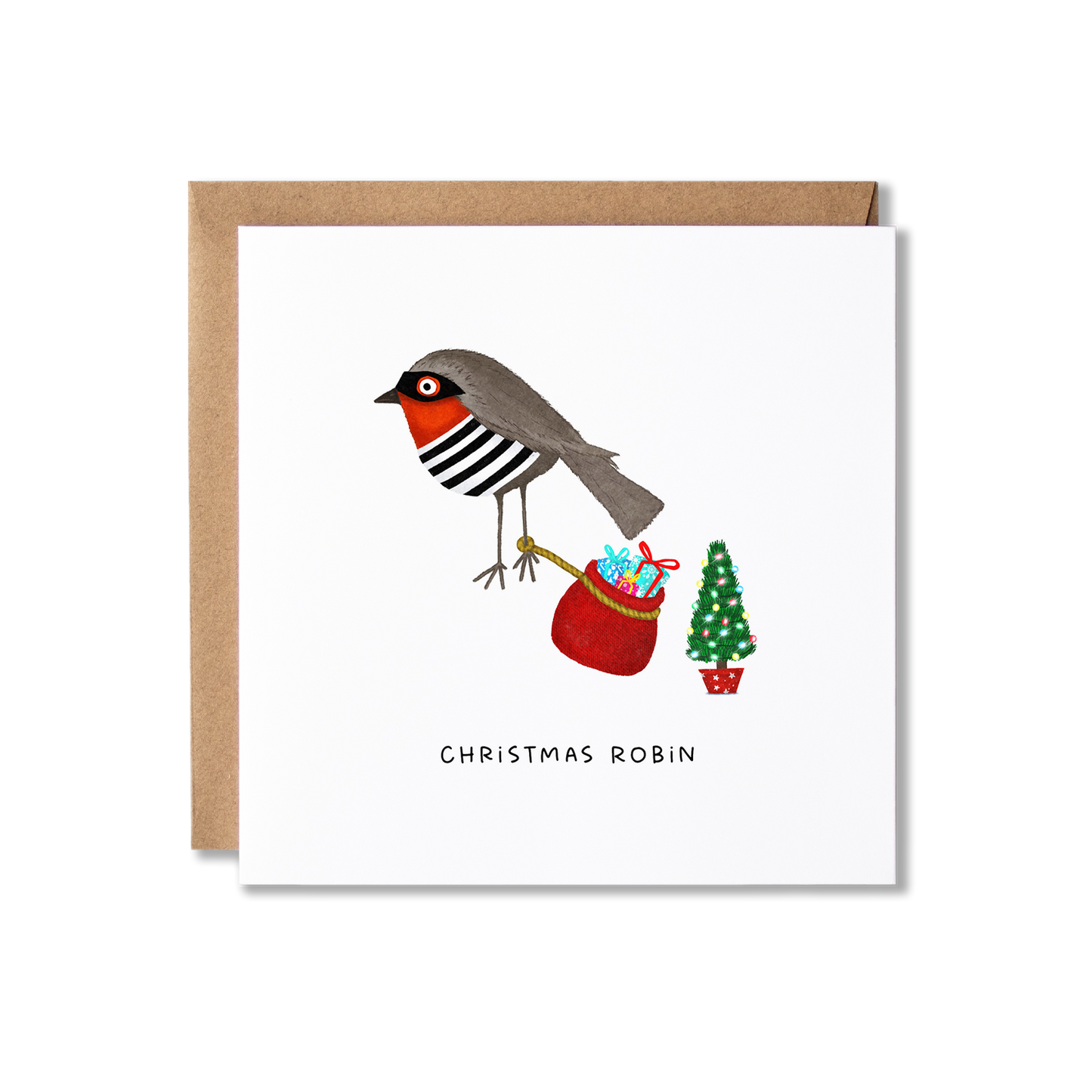 Christmas card with illustration of a sheep with black stripes on it and wearing a Santa hat, with the message Baa Humbug.