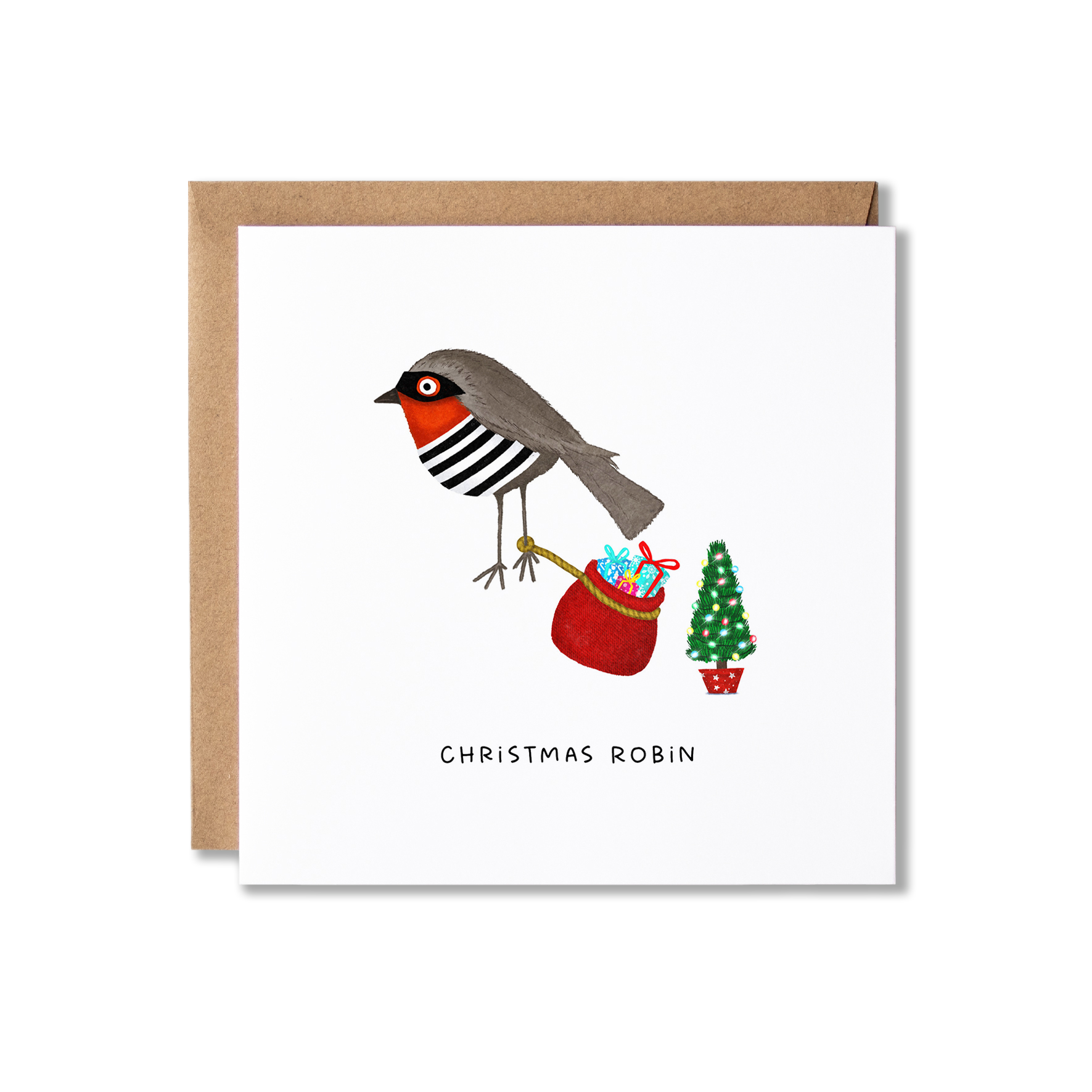 Christmas card with illustration of a sheep with black stripes on it and wearing a Santa hat, with the message Baa Humbug.