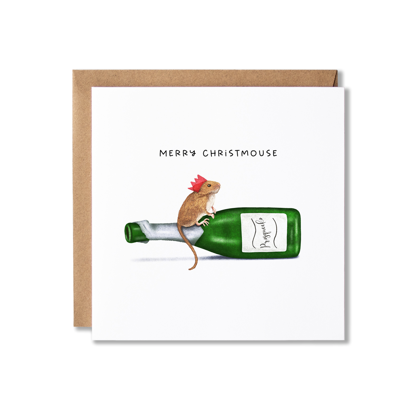 Christmas card with illustration of a mouse in a red cracker party hat standing on top of a green bottle labeled Prosqueko with the message Merry Christmouse.