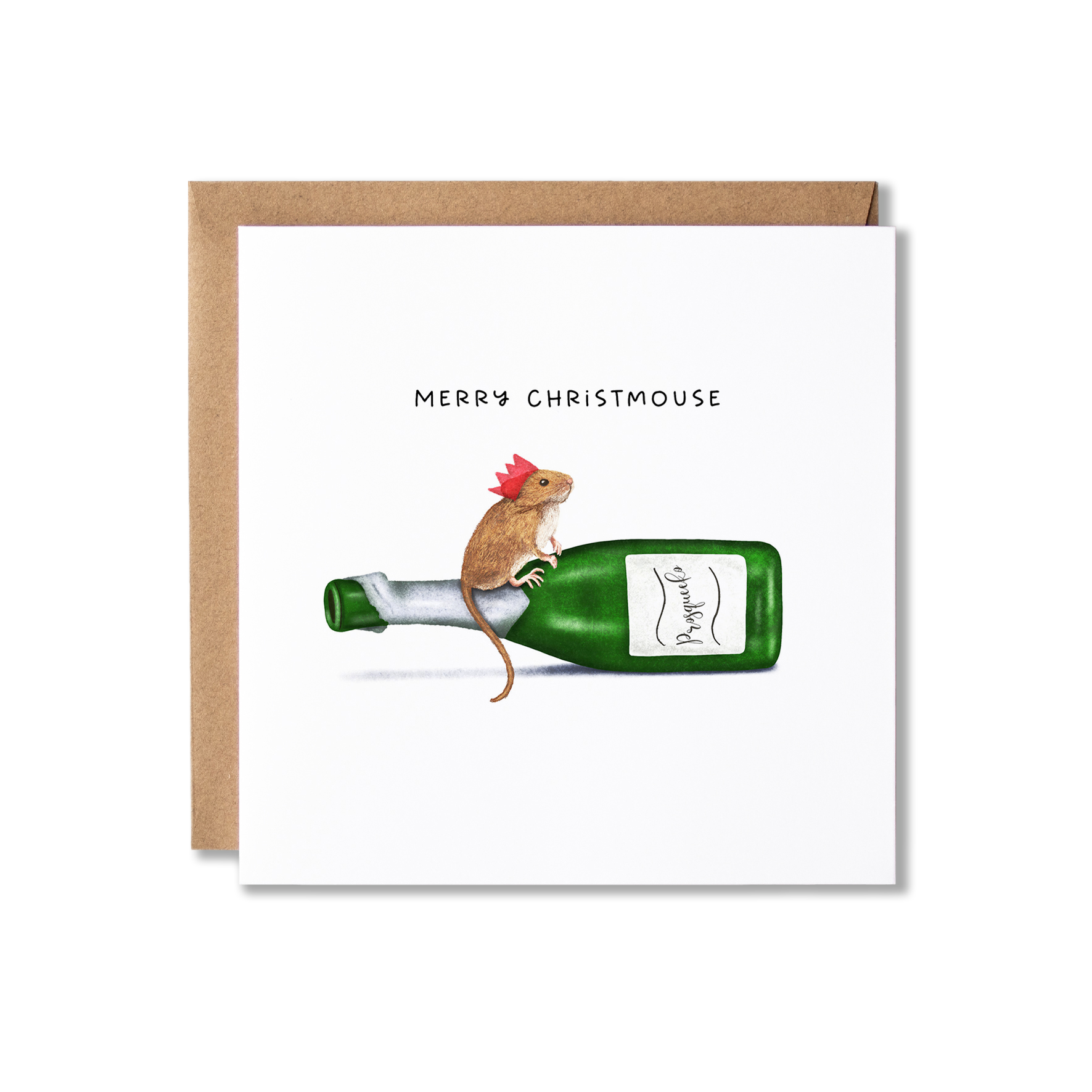 Christmas card with illustration of a mouse in a red cracker party hat standing on top of a green bottle labeled Prosqueko with the message Merry Christmouse.