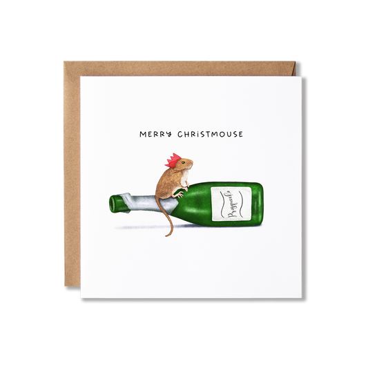 Christmas card with illustration of a mouse in a red cracker party hat standing on top of a green bottle labeled Prosqueko with the message Merry Christmouse.