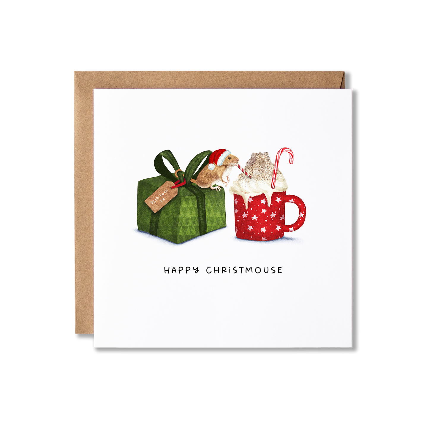 Christmas card with illlustration of a mouse in a Santa hat sitting on top a green present wrapped with a green ribbon that has a 'With Love x' tag on it, drinking a hot chocolate topped with whipped cream using a red and white straw with the message Happy Christmouse.