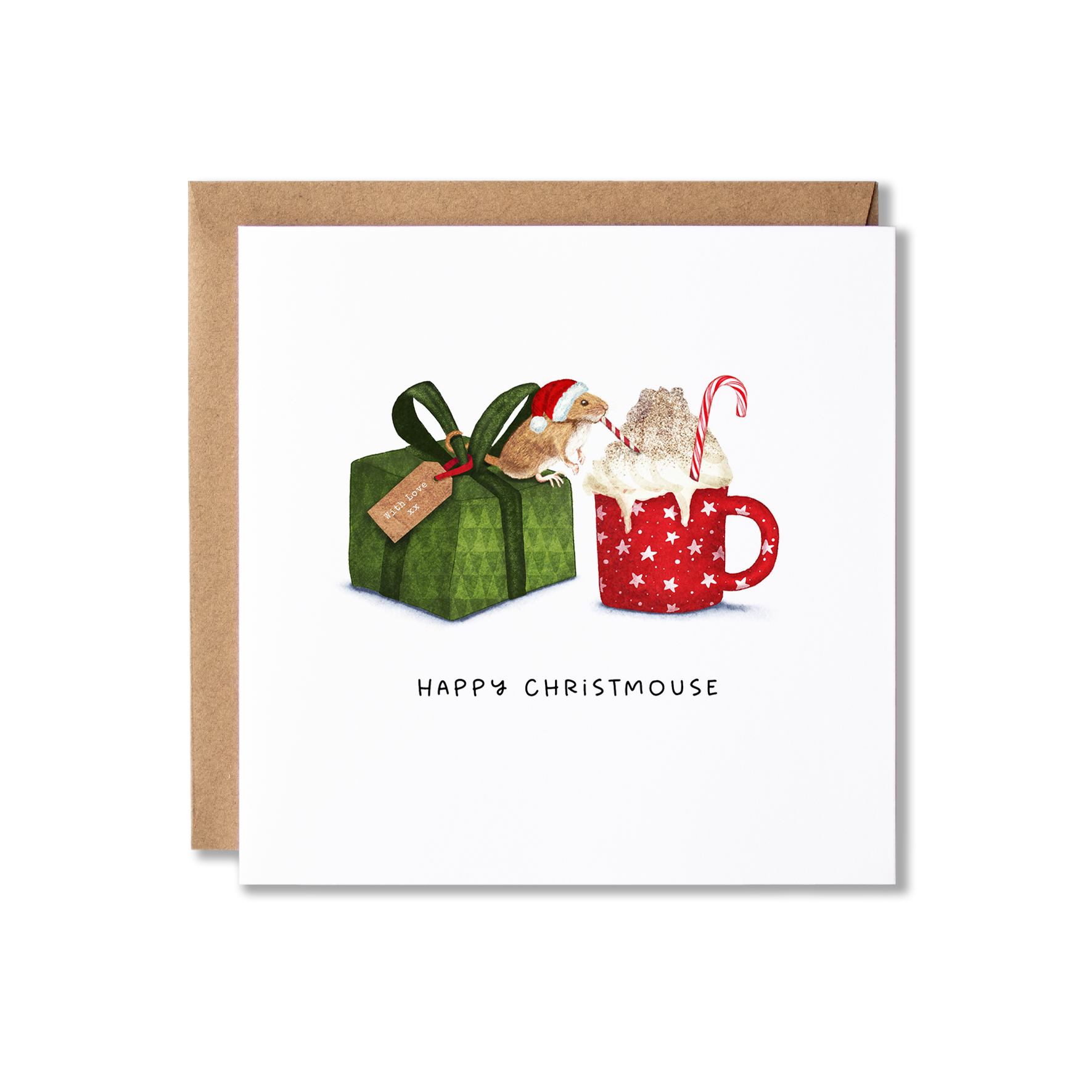 Christmas card with illlustration of a mouse in a Santa hat sitting on top a green present wrapped with a green ribbon that has a 'With Love x' tag on it, drinking a hot chocolate topped with whipped cream using a red and white straw with the message Happy Christmouse.