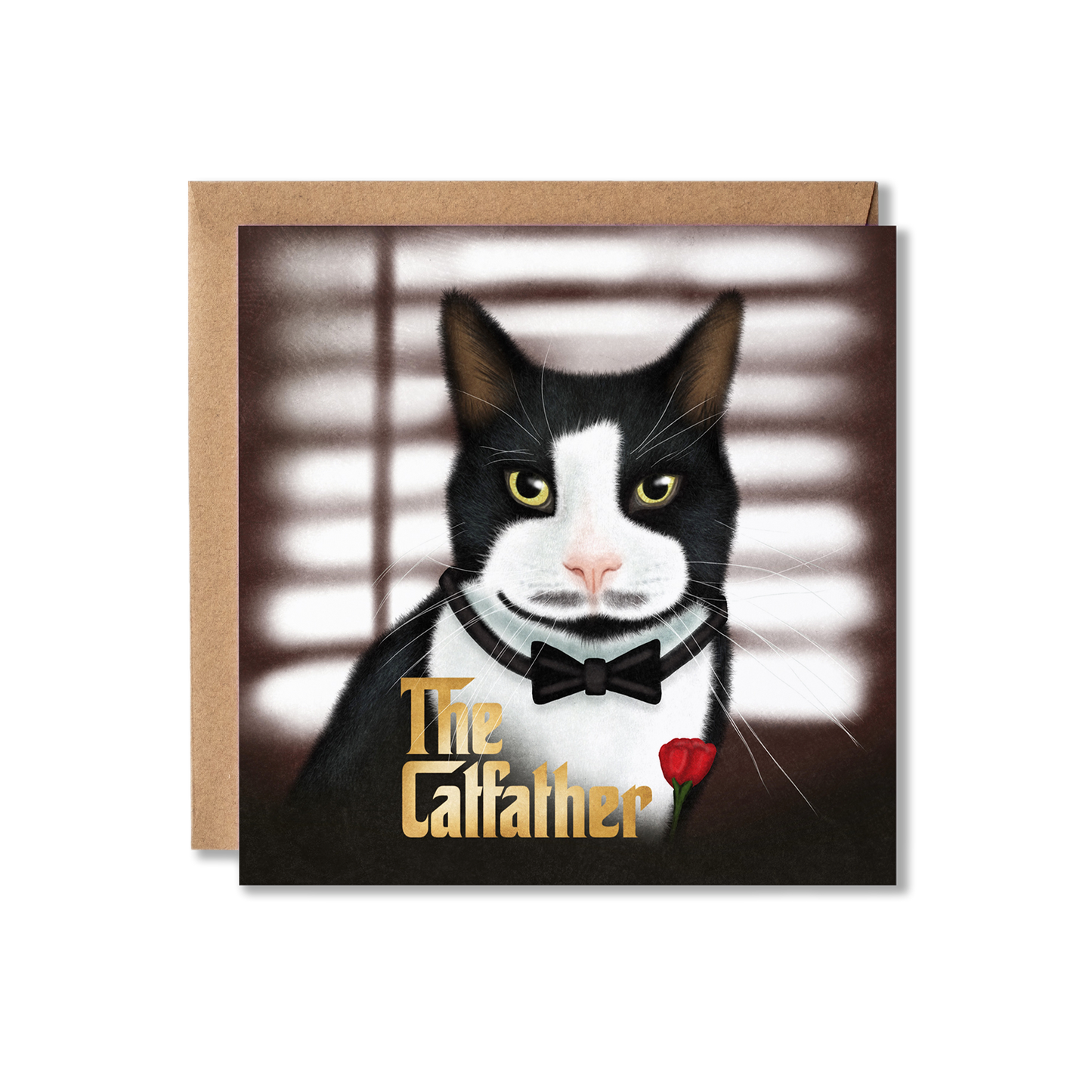 Father's Day card with illustration of a black and white cat sat in front of some blinds in a darkened room with a black moustache and a red flower on its chest with the message in gold writing The Catfather.