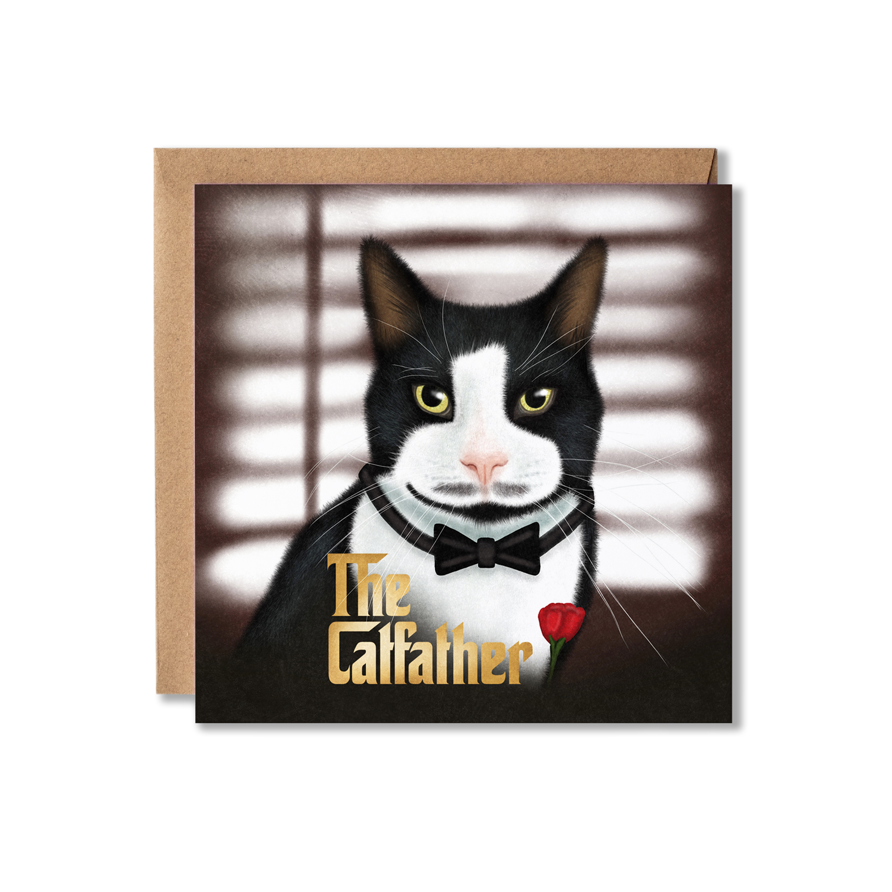 Father's Day card with illustration of a black and white cat sat in front of some blinds in a darkened room with a black moustache and a red flower on its chest with the message in gold writing The Catfather.