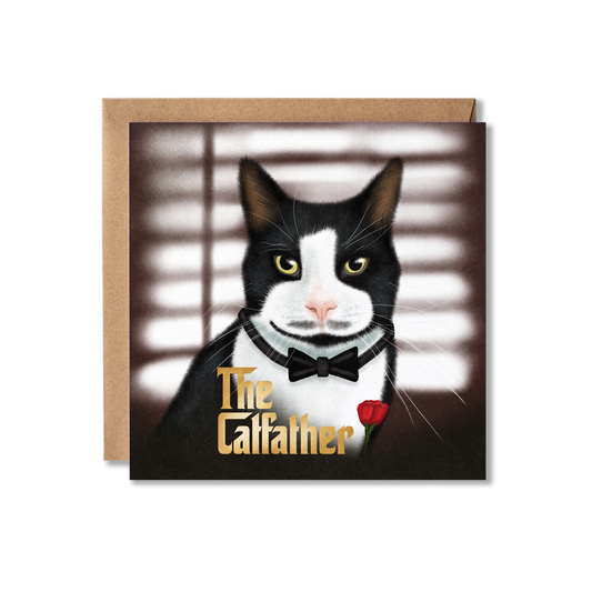 Father's Day card with illustration of a black and white cat sat in front of some blinds in a darkened room with a black moustache and a red flower on its chest with the message in gold writing The Catfather.