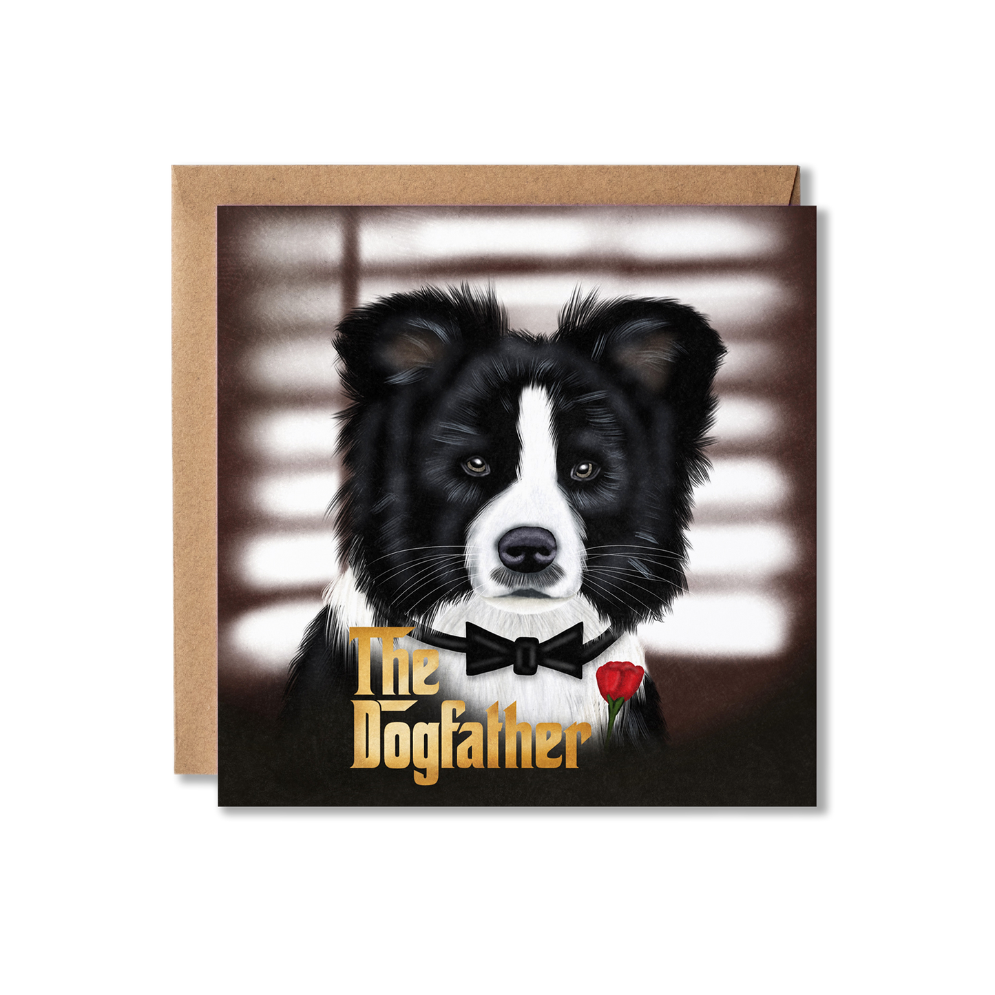 Father's Day card with illustration of a black and white dog sat in front of some blinds in a darkened room with a black moustache and a red flower on its chest with the message in gold writing The Dogfather.