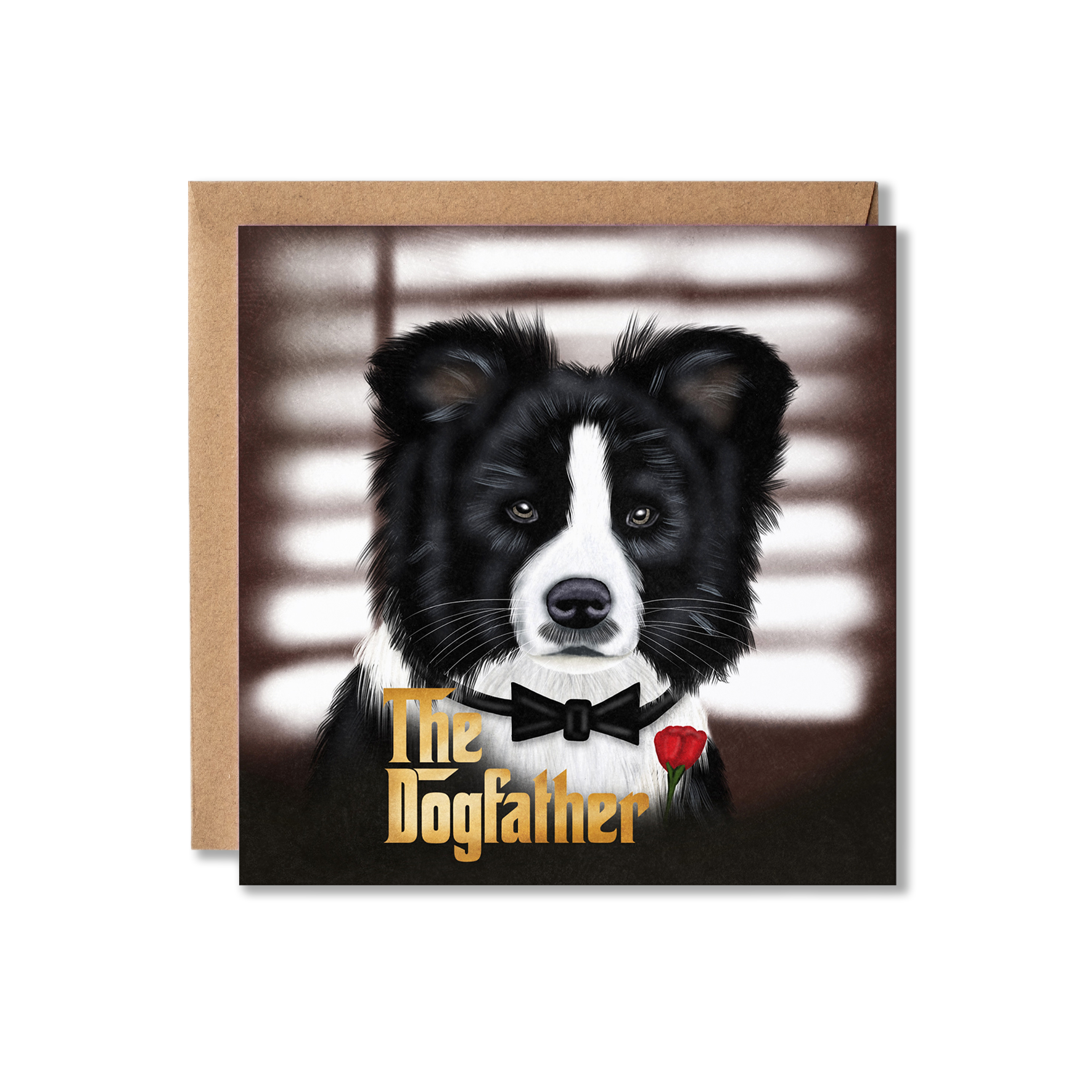 Father's Day card with illustration of a black and white dog sat in front of some blinds in a darkened room with a black moustache and a red flower on its chest with the message in gold writing The Dogfather.