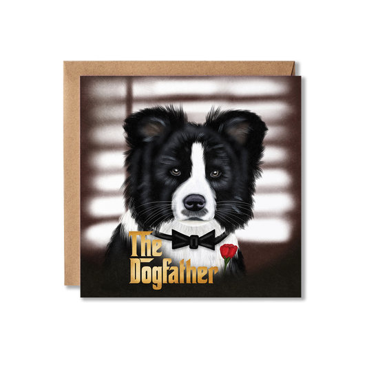 Father's Day card with illustration of a black and white dog sat in front of some blinds in a darkened room with a black moustache and a red flower on its chest with the message in gold writing The Dogfather.