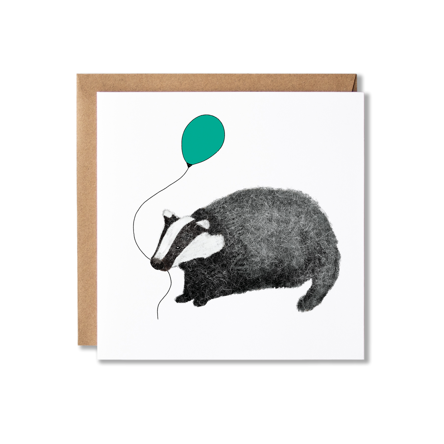 Birthday card with illustration of a badger holding a green balloon.