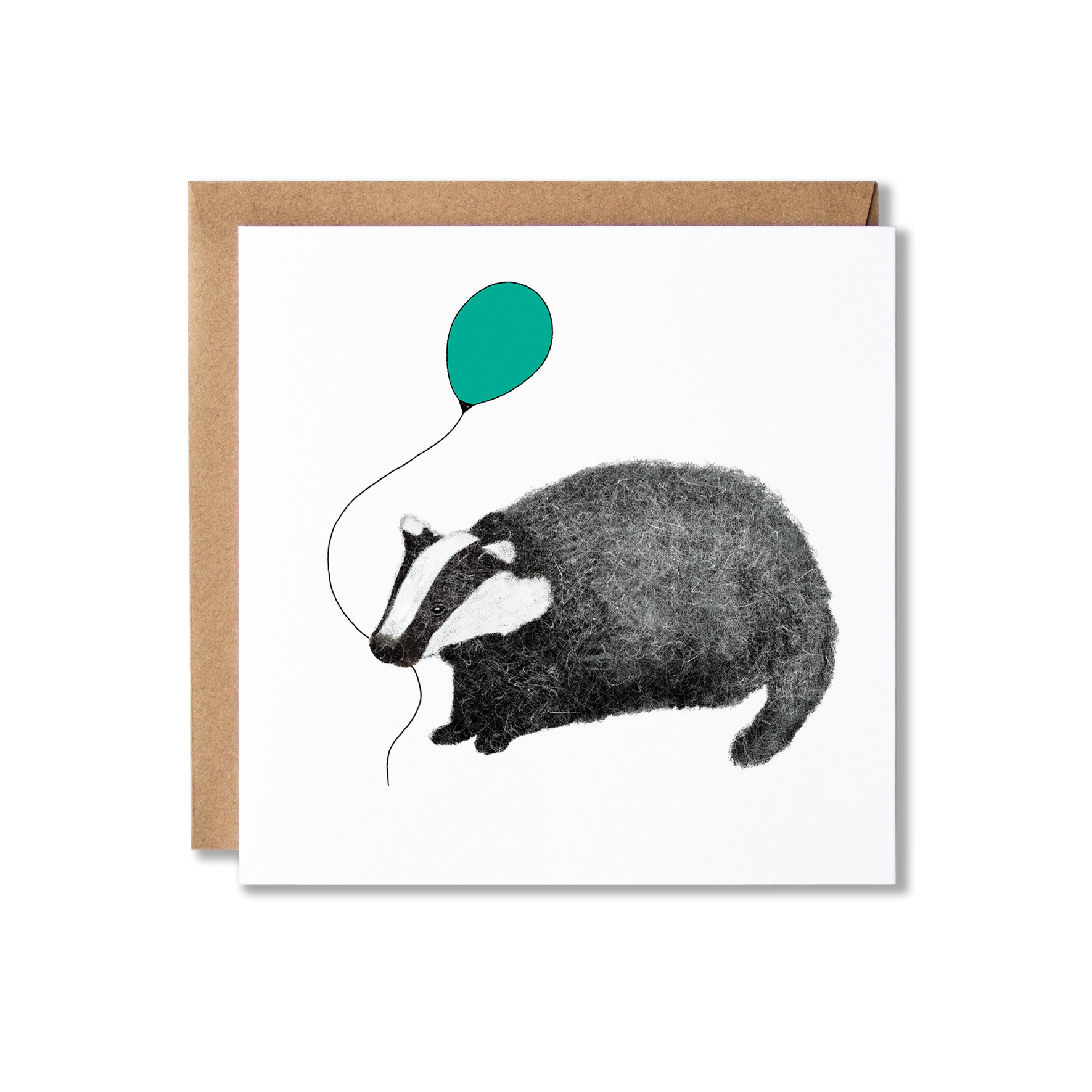 Birthday card with illustration of a badger holding a green balloon.