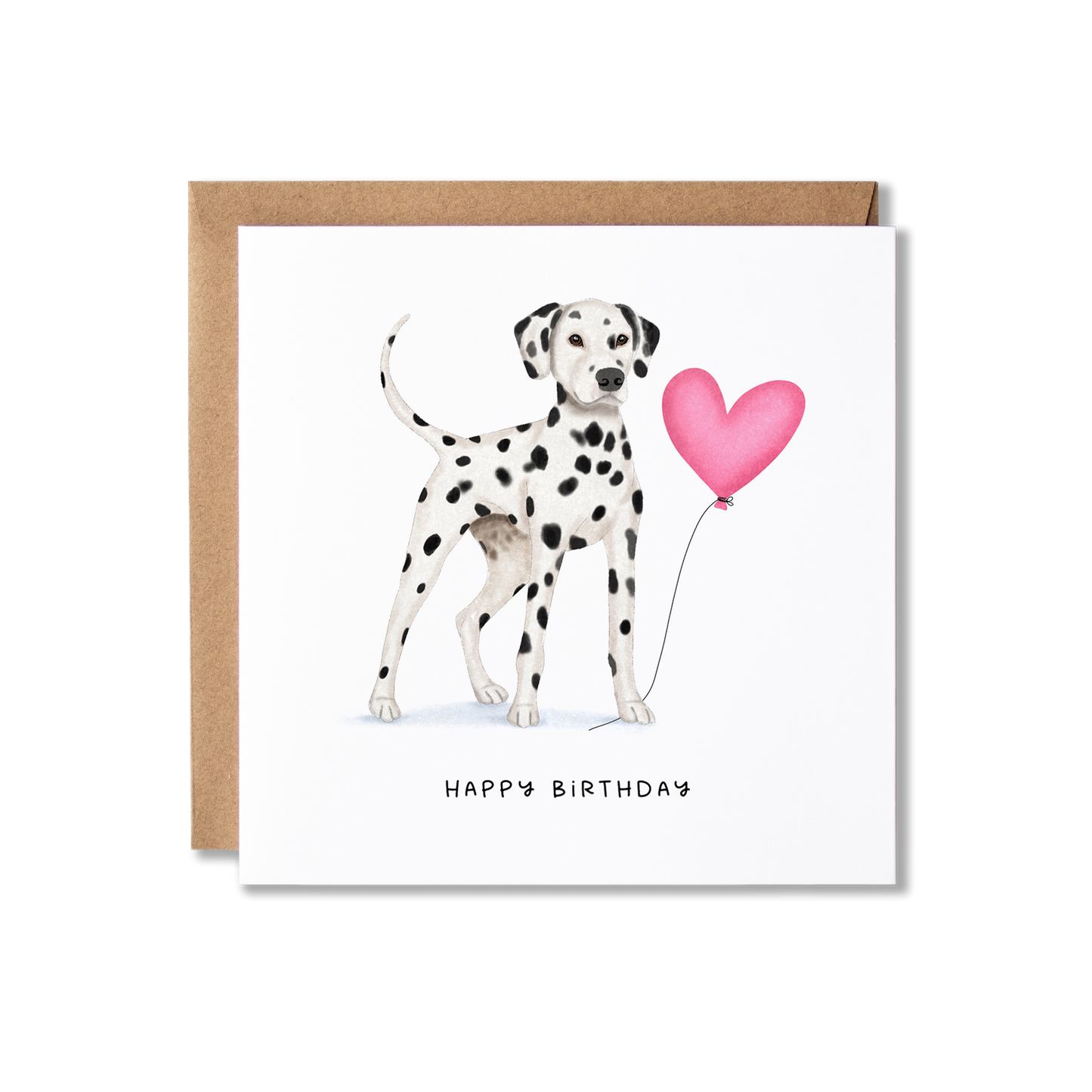 Birthday card with illustration of  a Dalmatian dog standing holding a pink heart ballon and the message Happy Birthday.