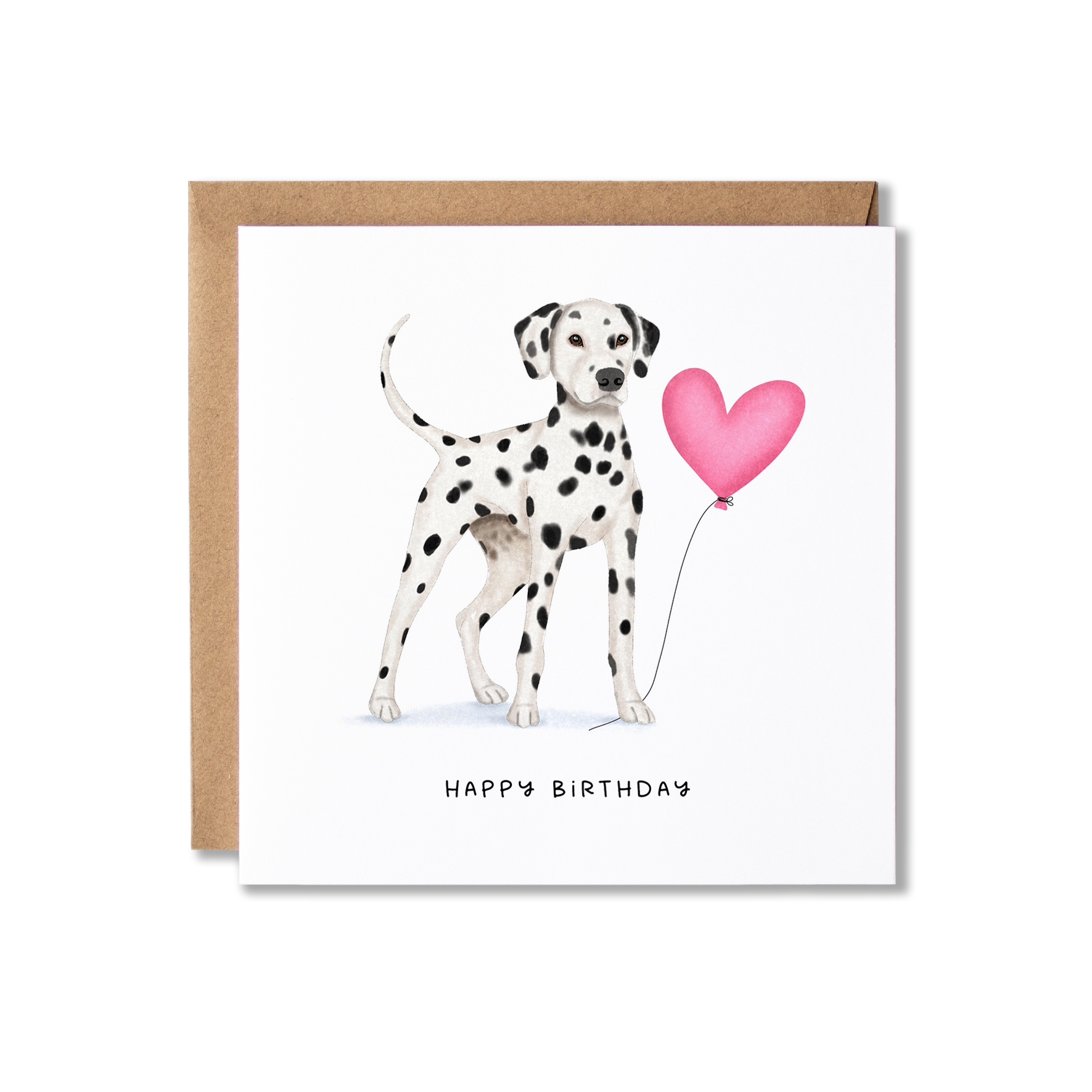 Birthday card with illustration of  a Dalmatian dog standing holding a pink heart ballon and the message Happy Birthday.