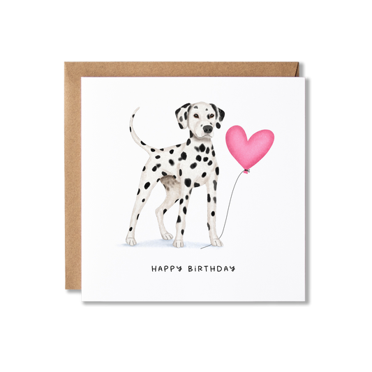 Birthday card with illustration of  a Dalmatian dog standing holding a pink heart ballon and the message Happy Birthday.